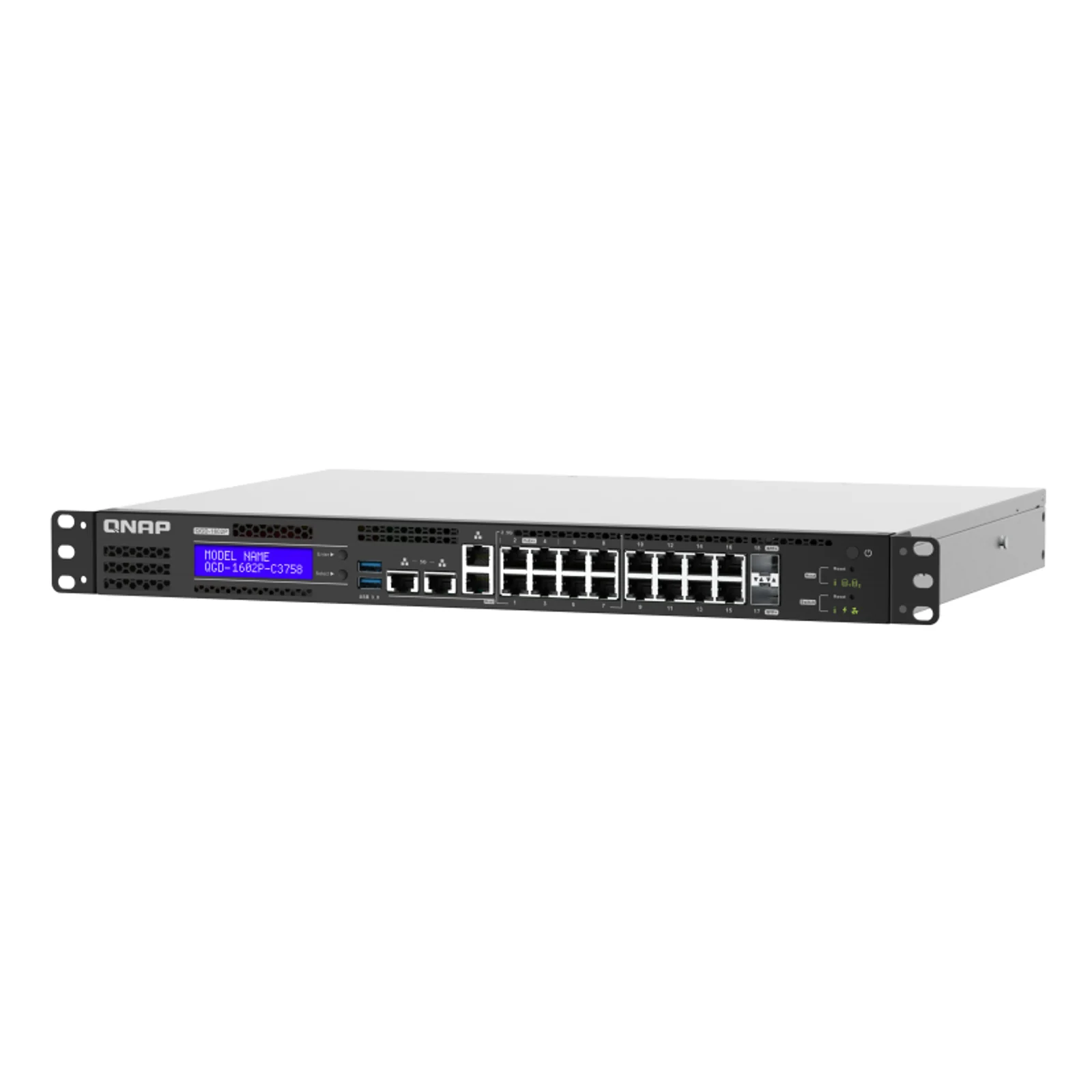 QNAP QGD-1602P Géré L2 Gigabit Ethernet (10/100/1000) Connexion Ethernet, supportant l'alimentation via ce port (PoE) 1U Noir, Gris