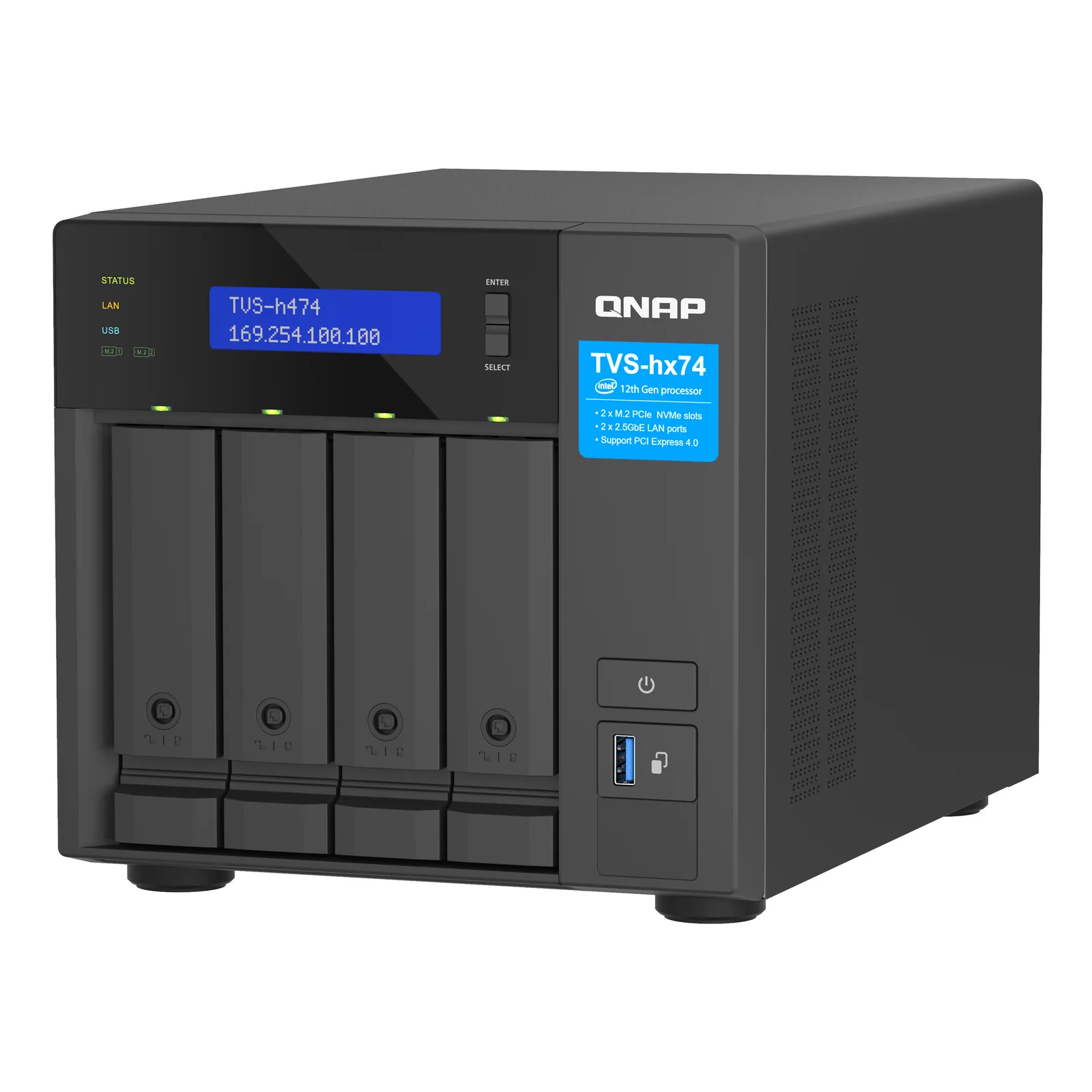 QNAP TVS-H474 NAS Tower Intel® Pentium® G7400 8 Go DDR4 0 To QuTS hero Noir