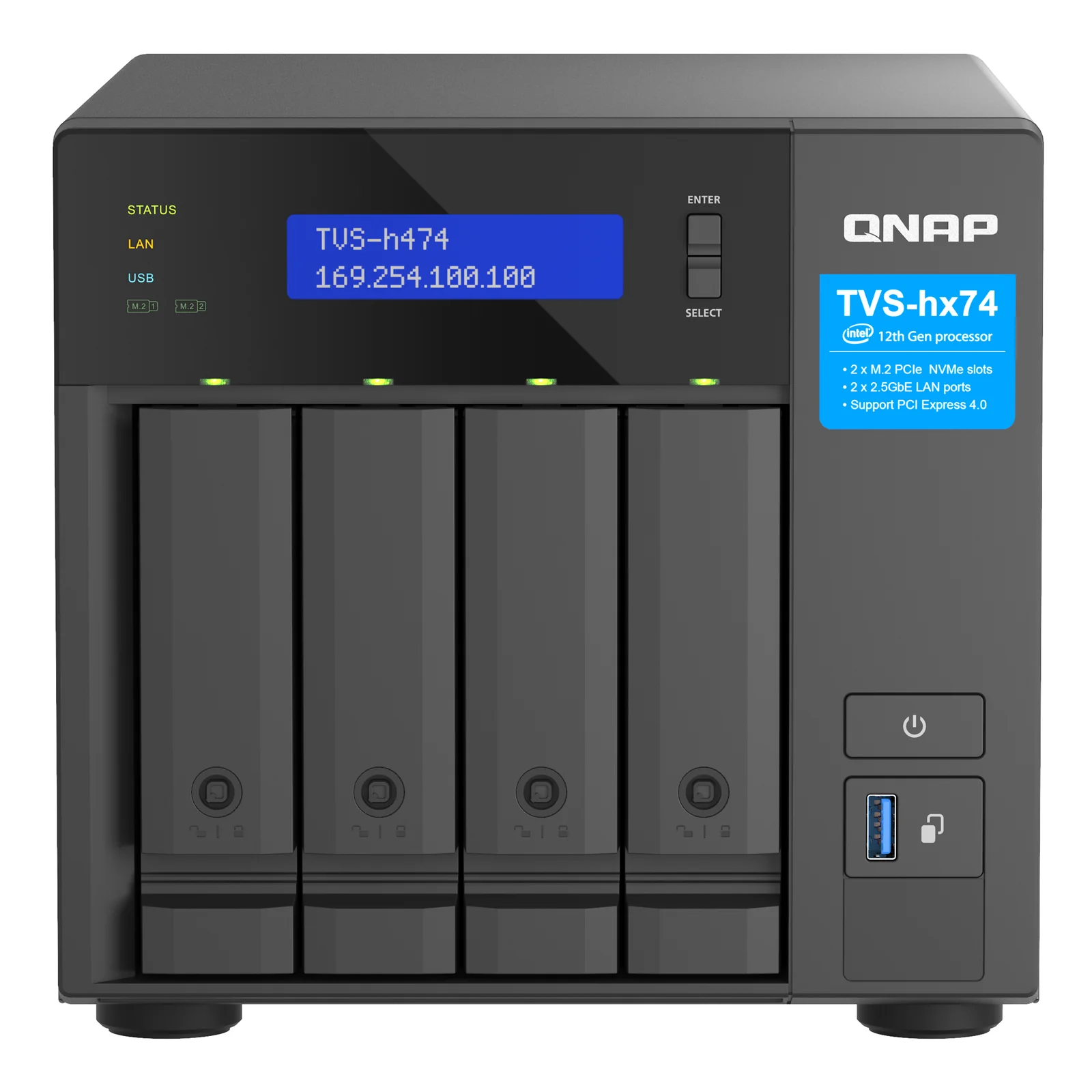 TVS-H474 NAS Tower Intel® Pentium® G7400 8 Go DDR4 0 To QuTS hero Noir