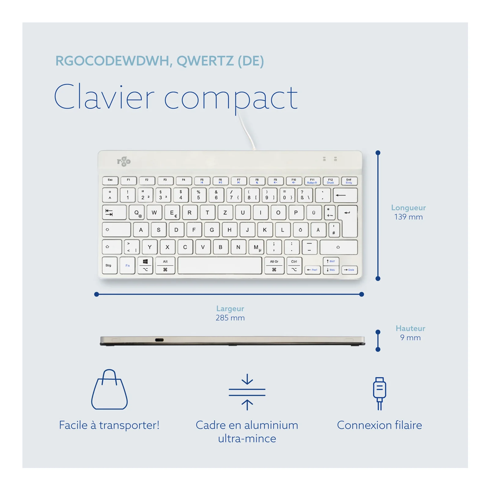 Schéma technique clavier compact R-Go QWERTZ, vue de profil ultrafin avec dimensions, fond blanc