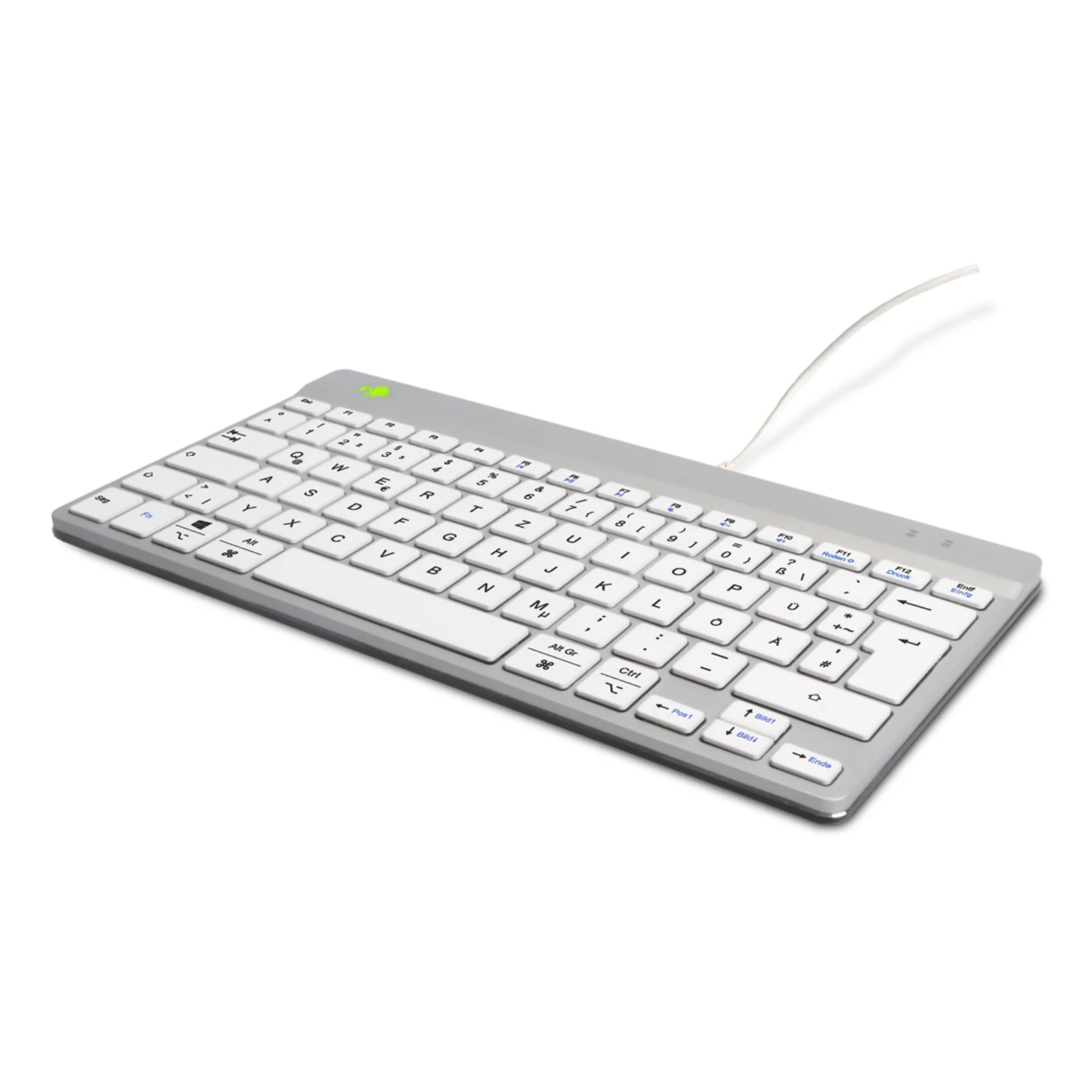 Clavier compact R-Go Compact Break blanc et bordure gris clair, vue légèrement inclinée, fond blanc