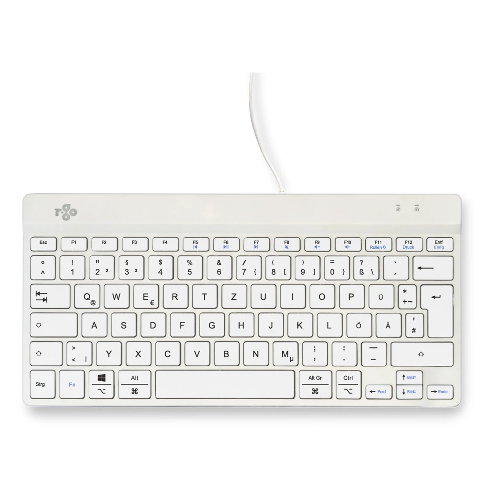 Clavier compact R-Go blanc, vue de face, disposition QWERTZ, sans pavé numérique, fond blanc