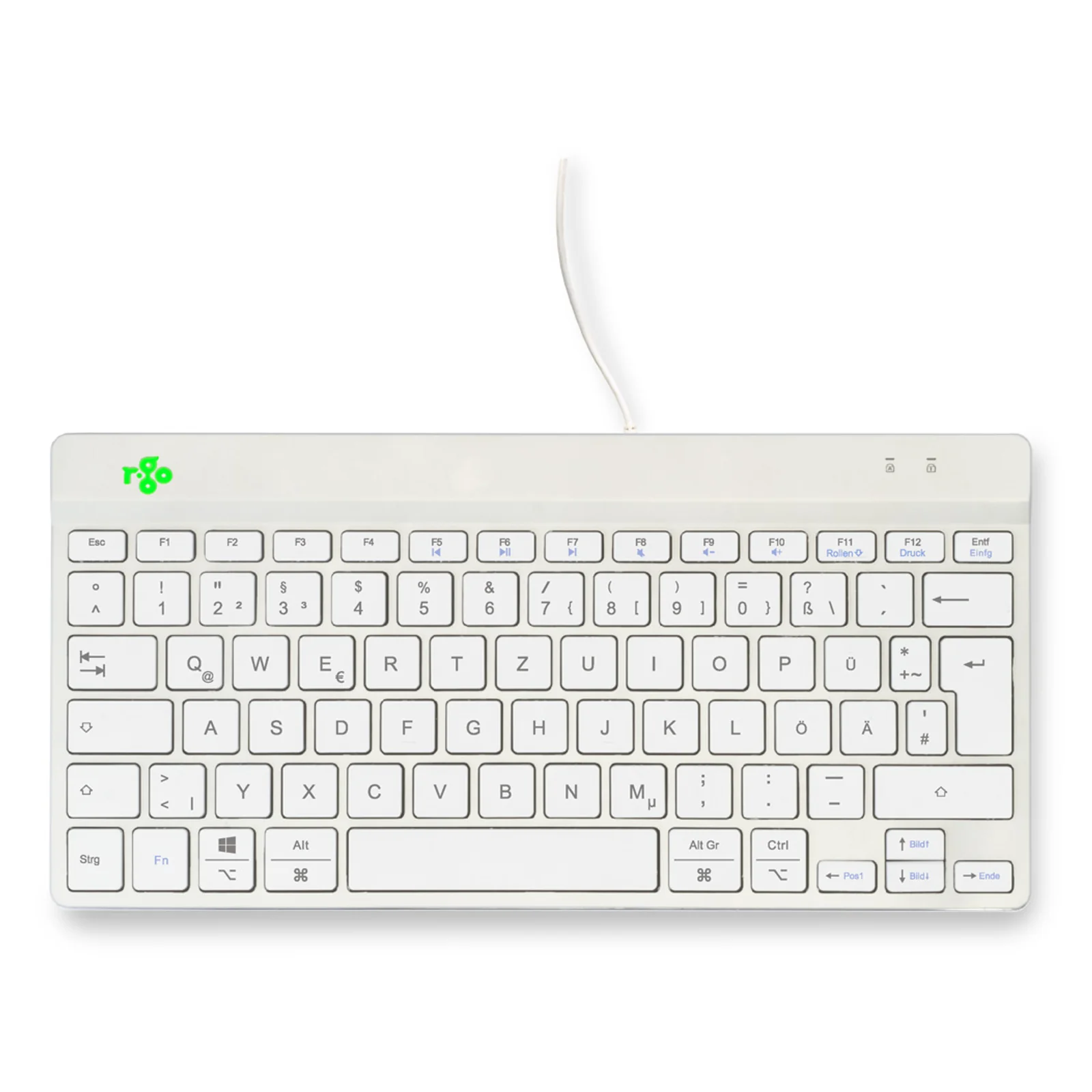 Clavier compact R-Go blanc, vue de face, indicateur LED visible en haut à droite, fond blanc
