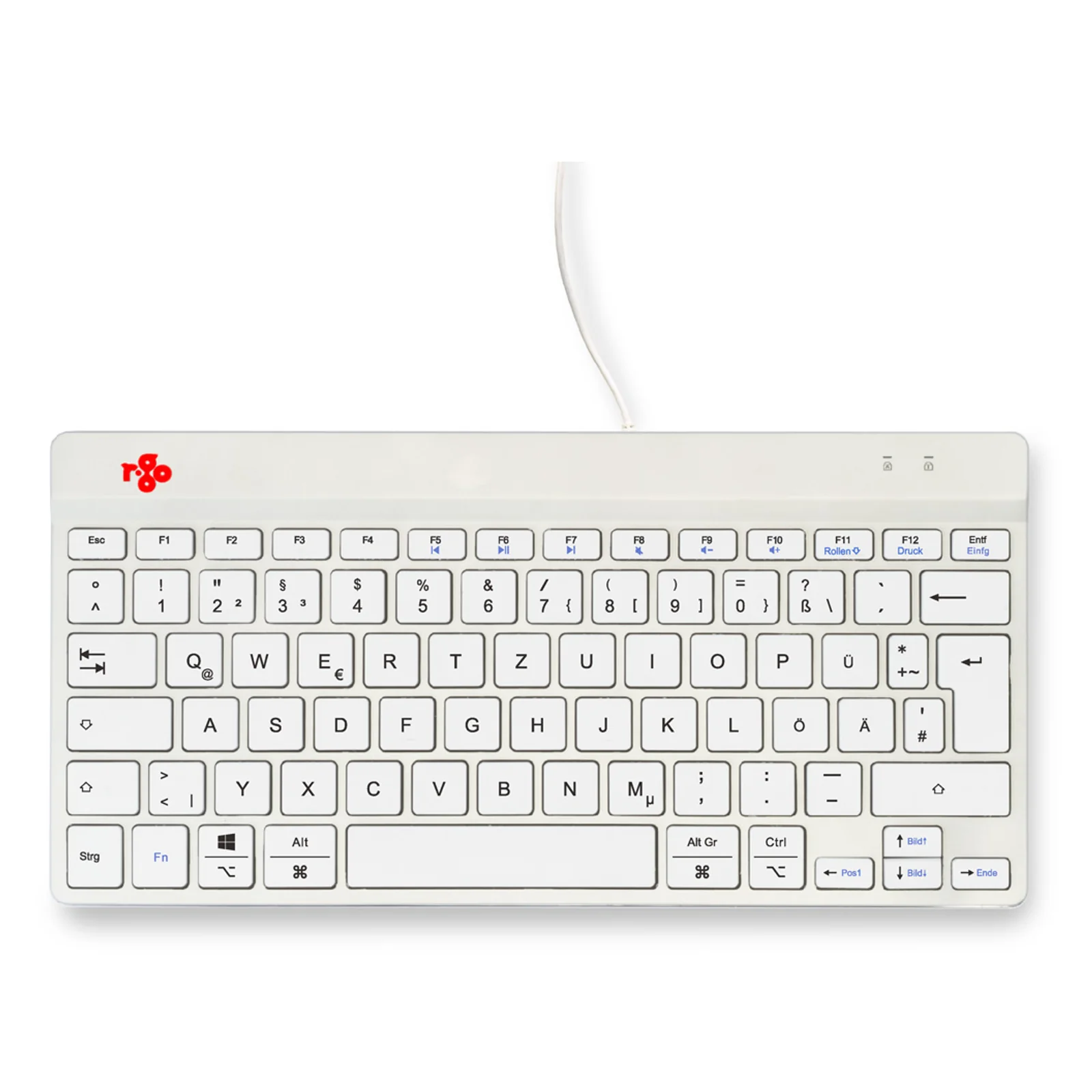 Clavier compact R-Go blanc, vue frontale, câble visible en haut, fond blanc