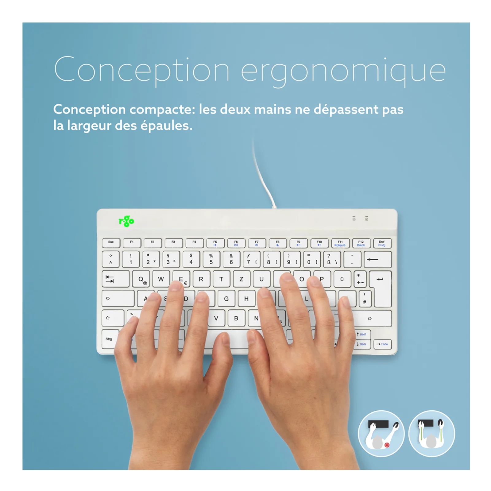 Infographie conception compacte R-Go, mains sur clavier, texte français, fond blanc et bleu