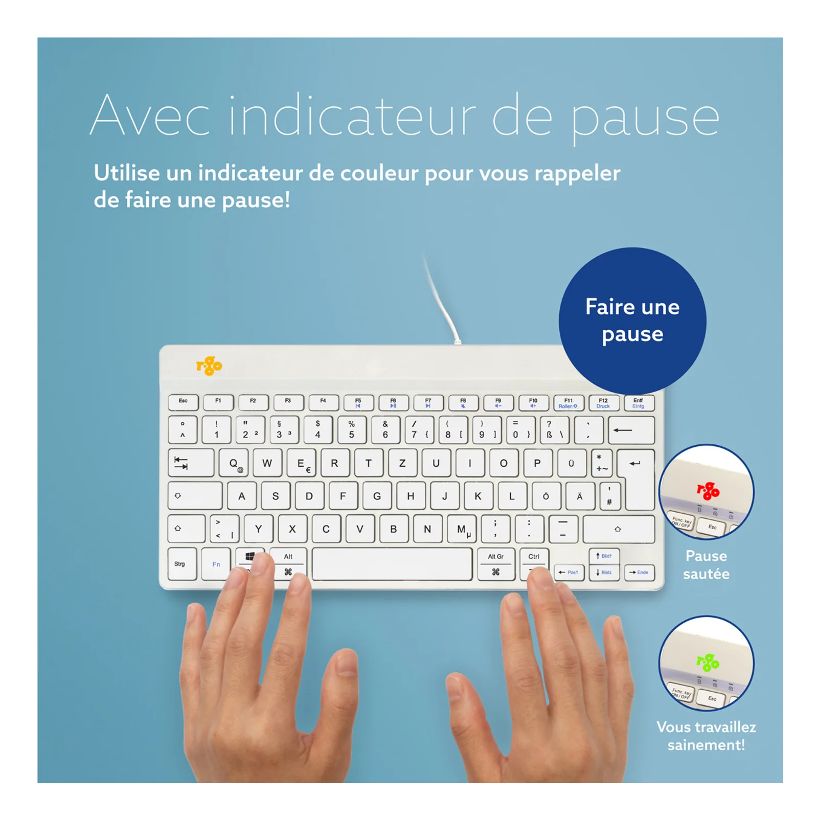 Infographie indicateur de pause tricolore R-Go Break, fond bleu, texte français descriptif