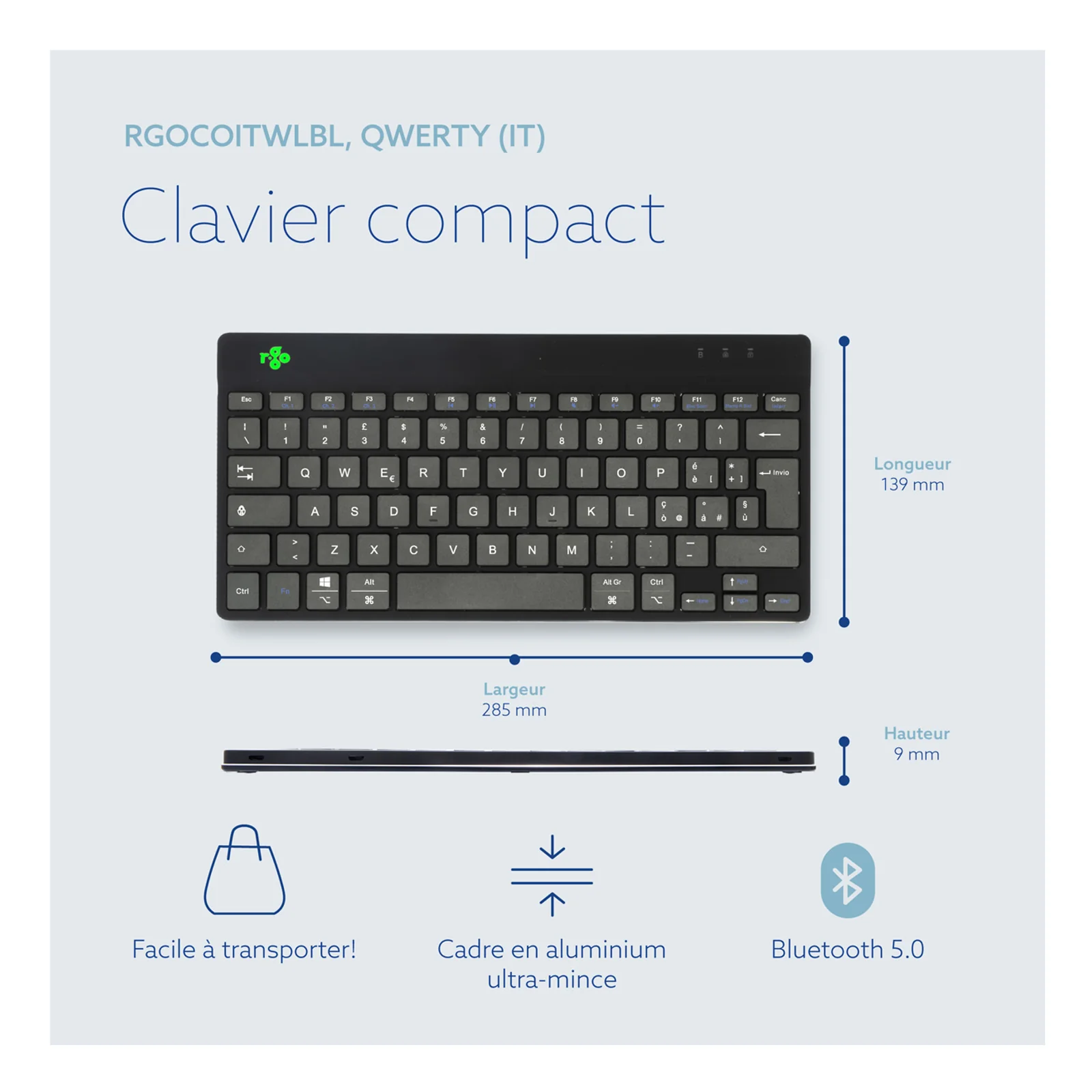 Schéma produit R-Go Compact Break QWERTY IT avec dimensions, logo Bluetooth 5.0 et châssis aluminium
