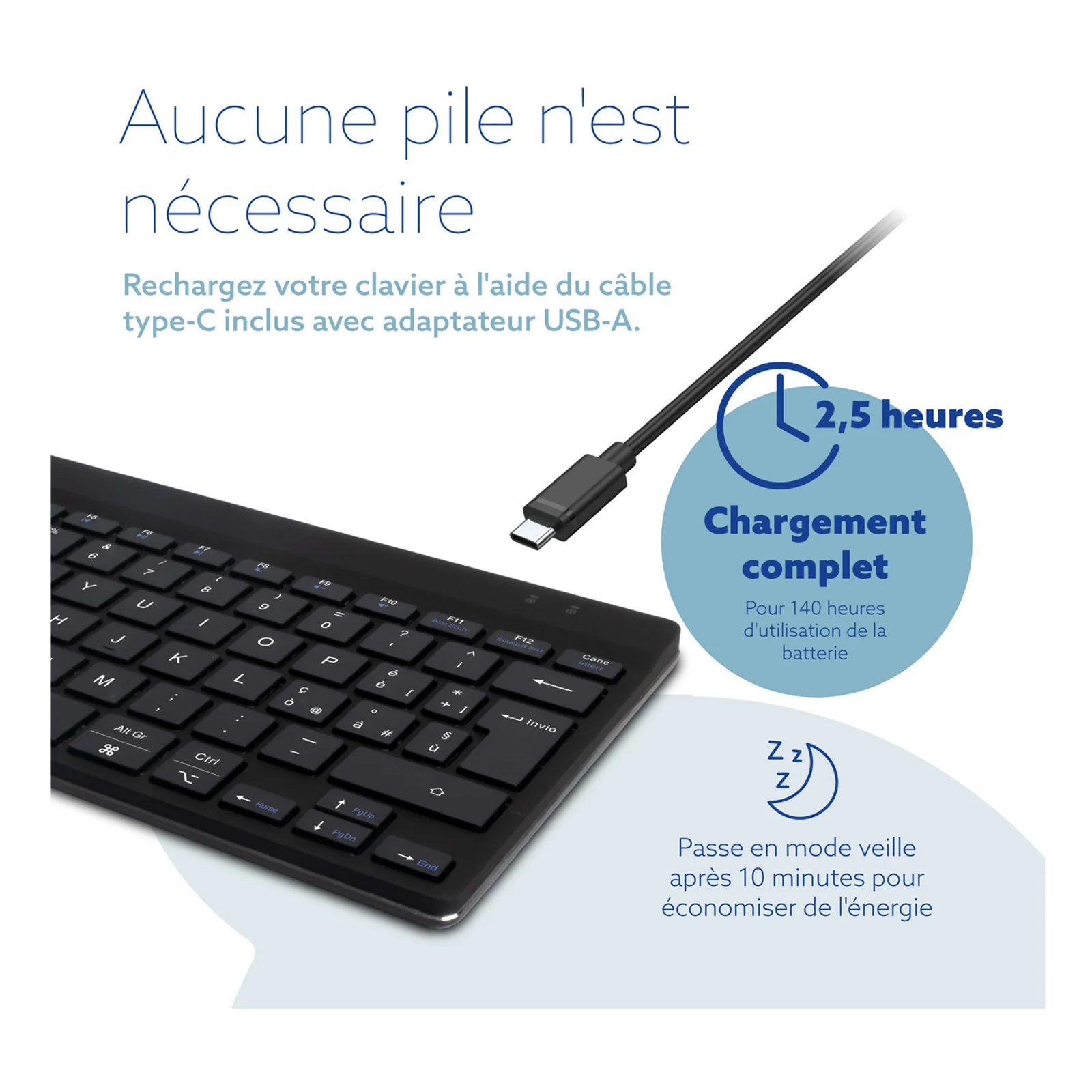 Infographie recharge USB-C clavier R-Go, câble inclus, charge 2h30 et veille automatique 10 minutes
