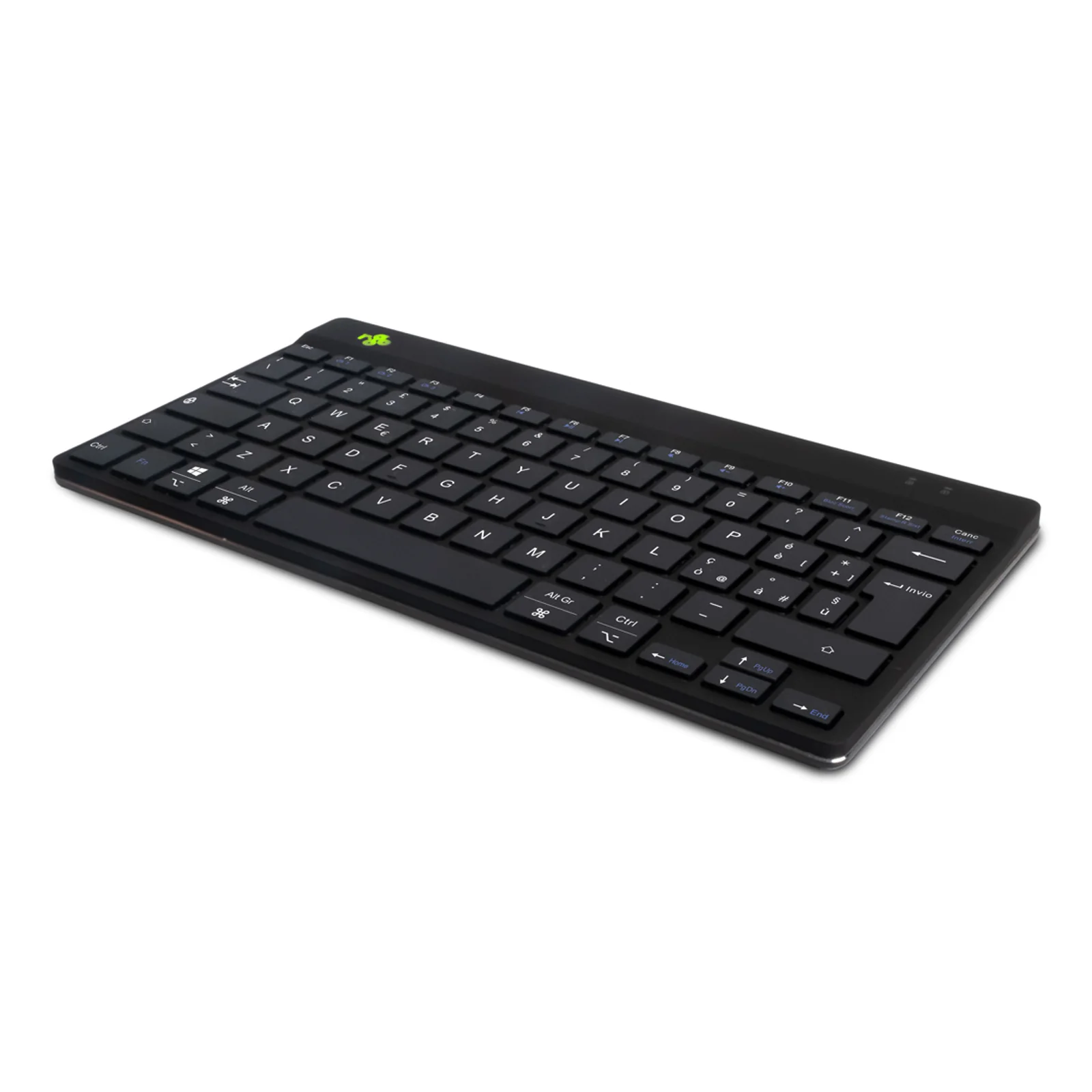 Clavier compact R-Go Compact Break noir, vue de trois quarts, fond bleu