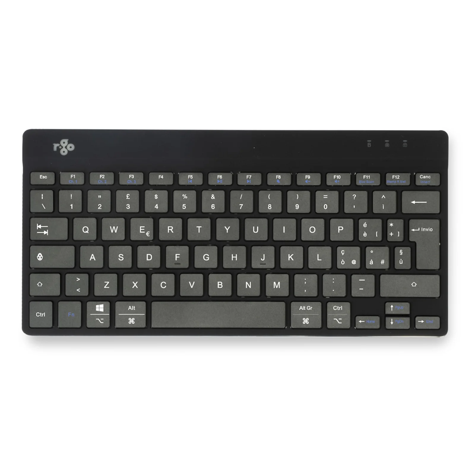 Clavier compact R-Go noir, vue frontale légèrement inclinée, fond clair
