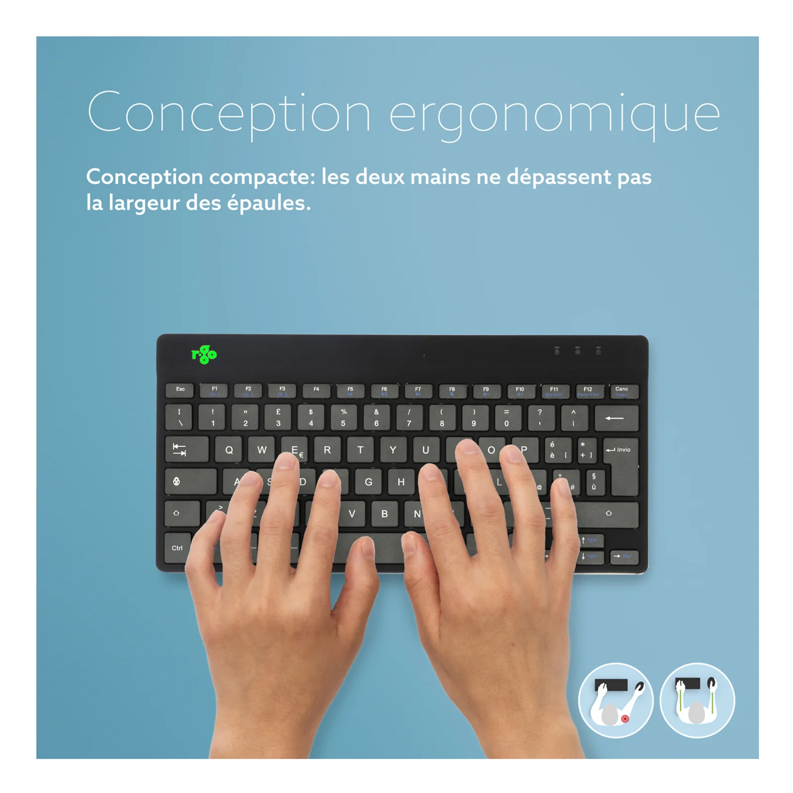 Infographie ergonomique R-Go, mains dans l'axe des épaules sur clavier compact, texte en français