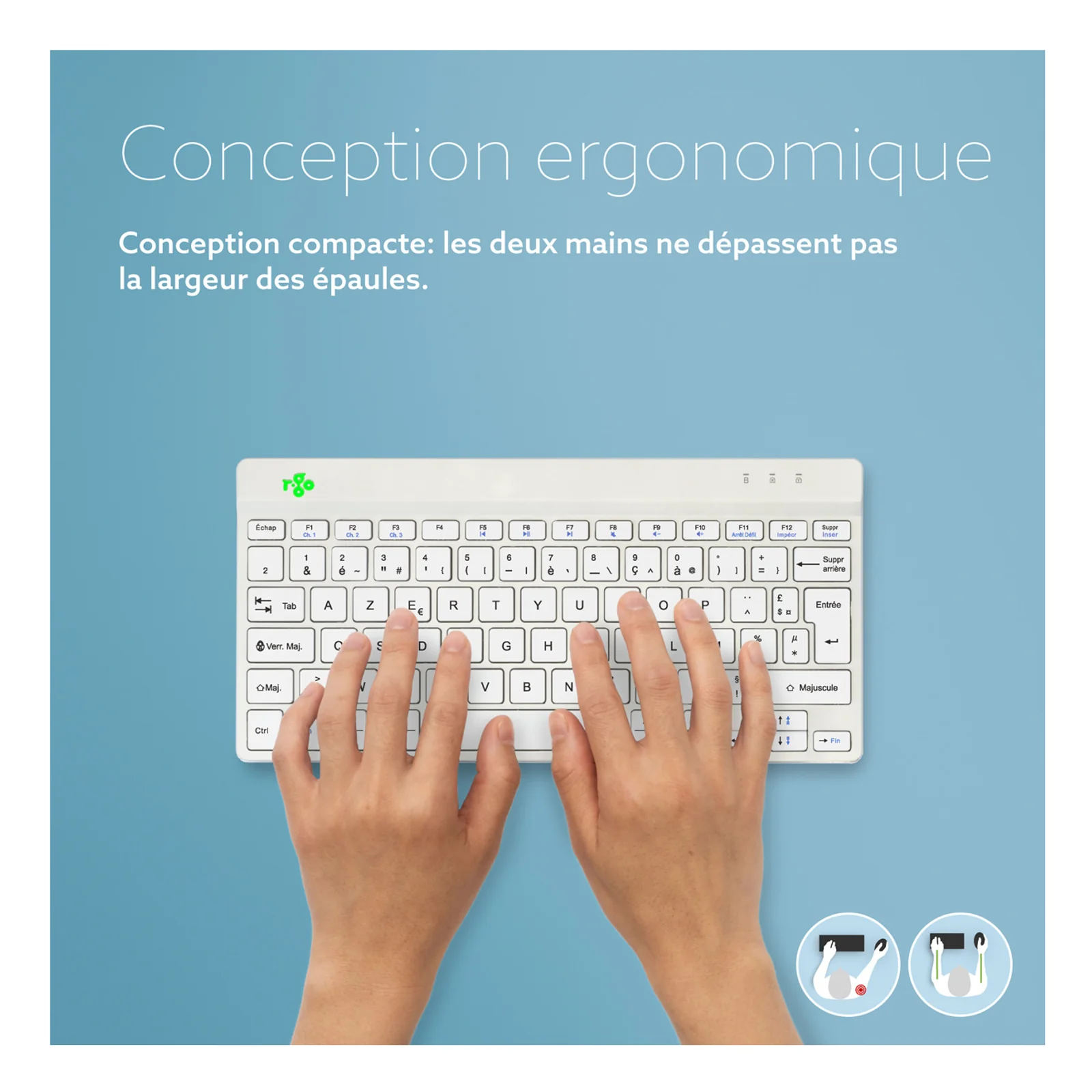 Infographie fond blanc, conception ergonomique compacte, clavier avec deux mains, texte en français