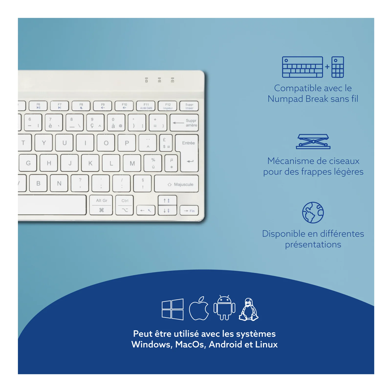 Infographie fond bleu clair, pictogrammes de compatibilité multiplateforme et caractéristiques du clavier