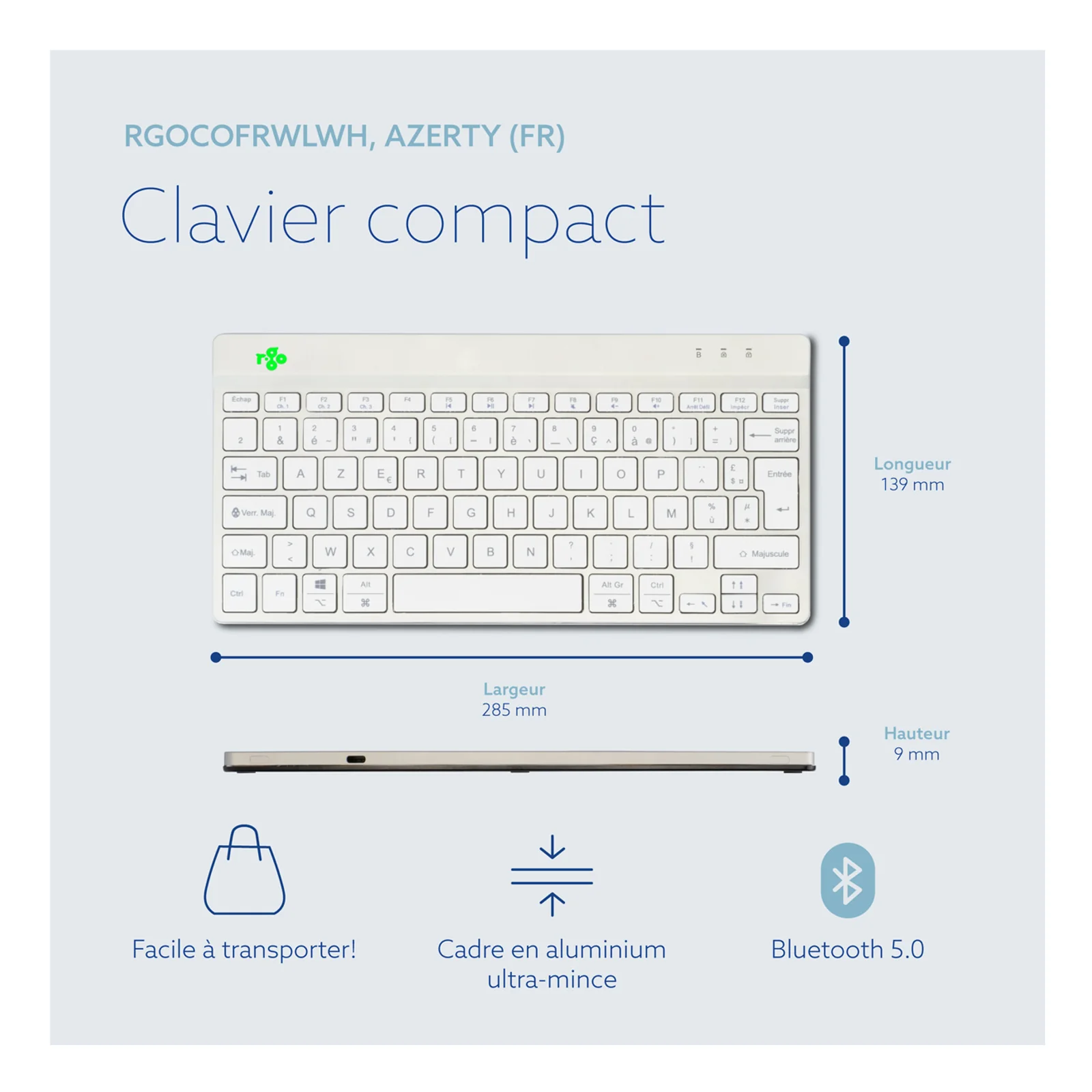 Infographie fond bleu, fiche produit clavier compact, dimensions, câble USB-C inclus, Bluetooth 5.0 AZERTY