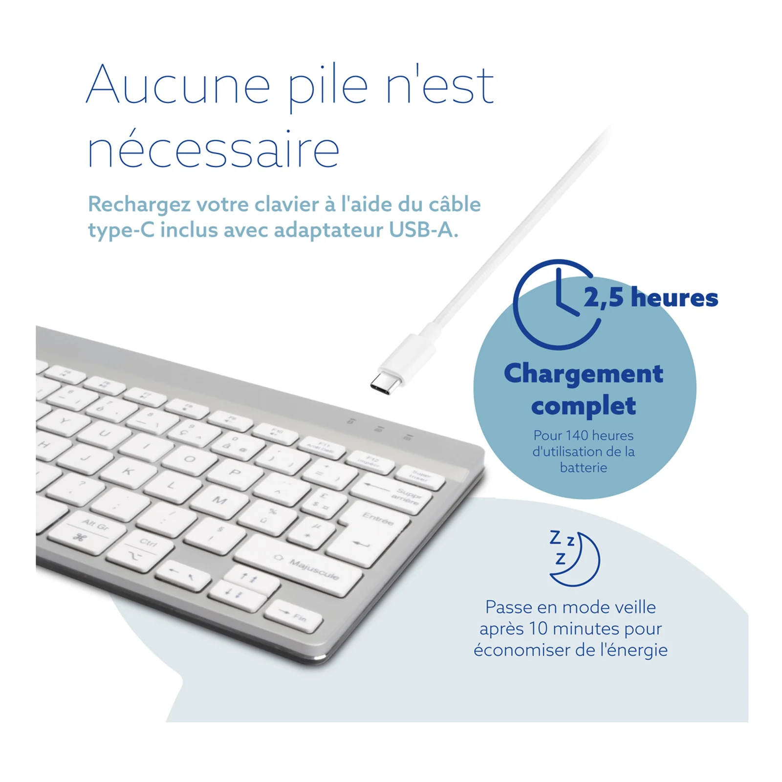 Infographie fond bleu, recharge via câble USB-C avec adaptateur USB-A, aucune pile requise, durée indiquée