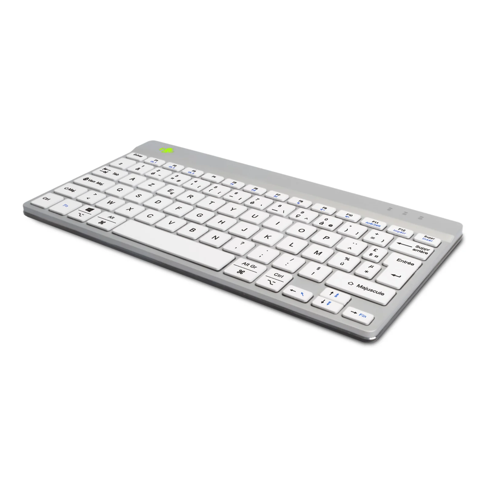 Clavier compact blanc R-Go, vue trois quarts, fond bleu clair, logo jaune-vert visible à l'avant