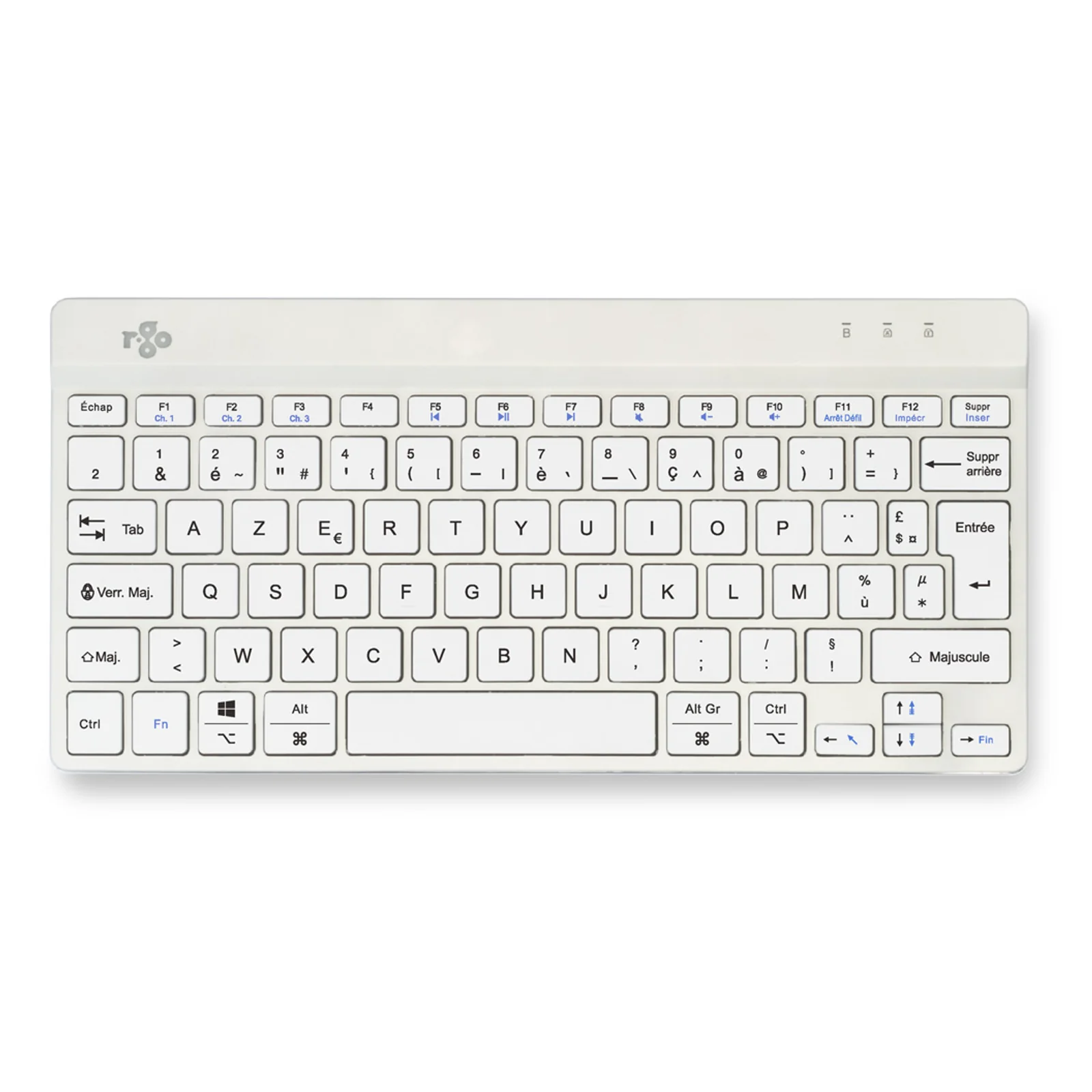 Clavier compact blanc, fond blanc, vue frontale, touches AZERTY apparentes, logo en haut à gauche