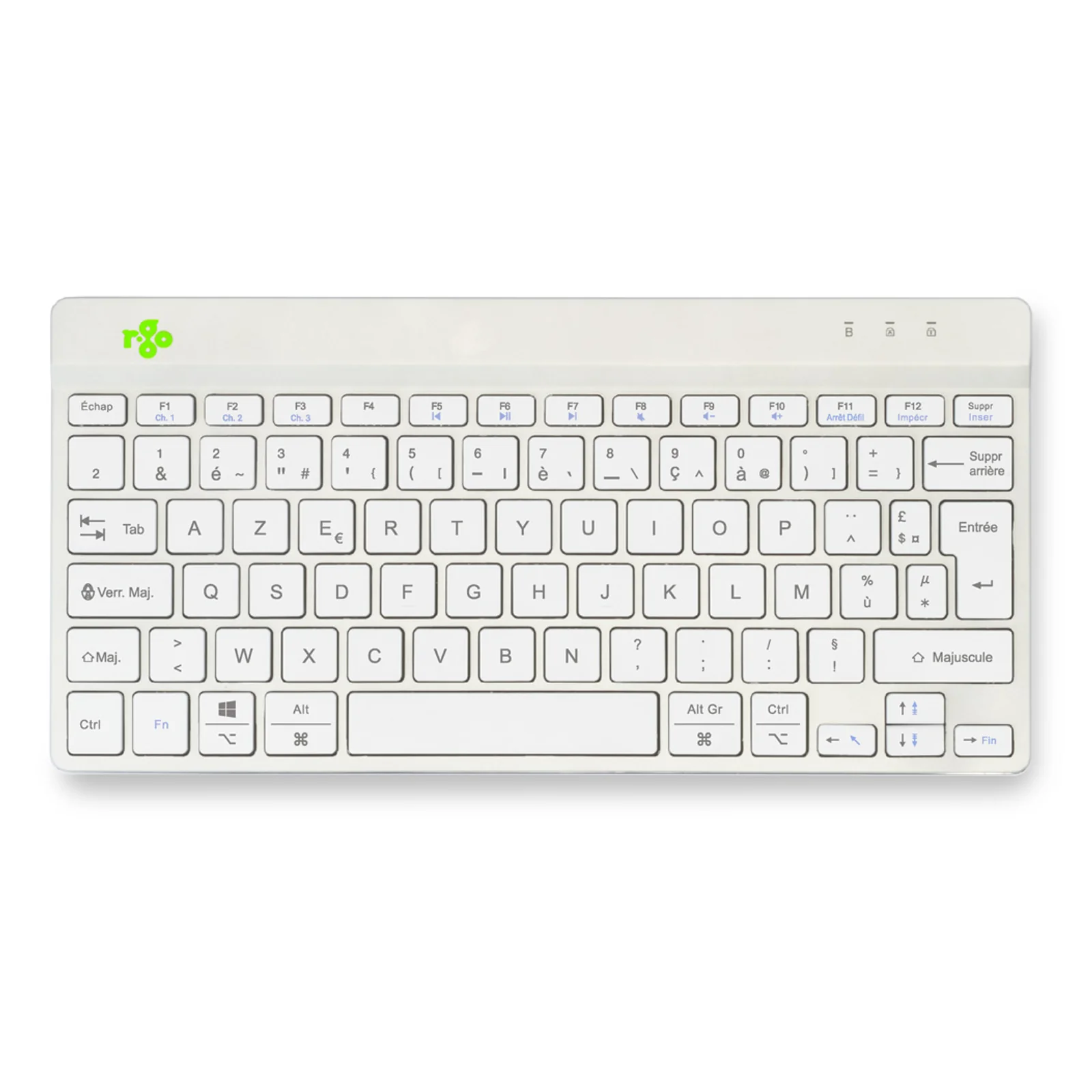 Clavier compact blanc, fond blanc, vue frontale, logo R-Go rouge visible, indicateur LED en haut