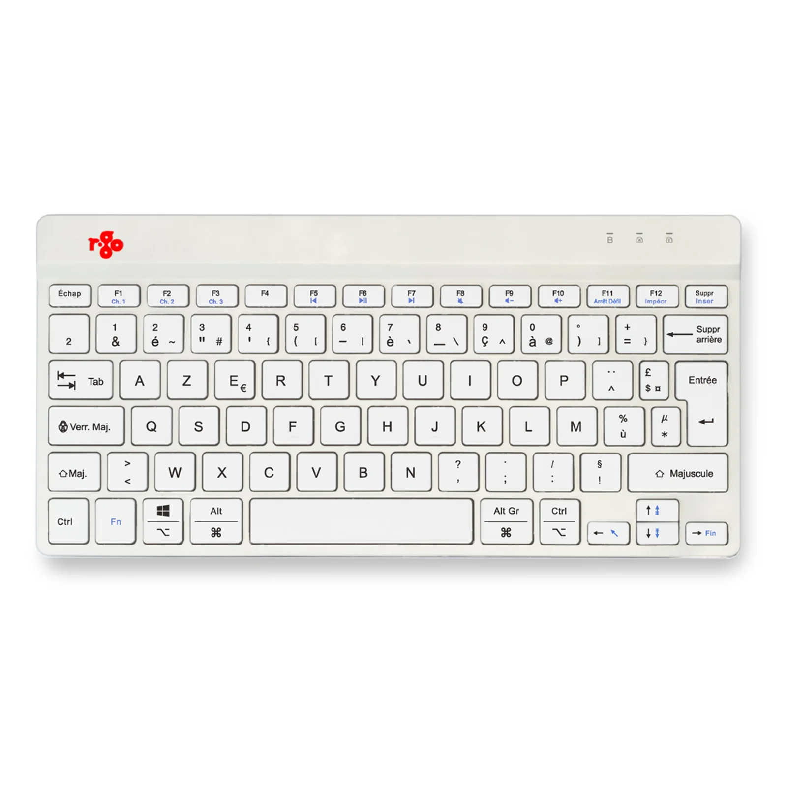 Clavier compact blanc seul, fond blanc, logo R-Go rouge, vue frontale sans mains