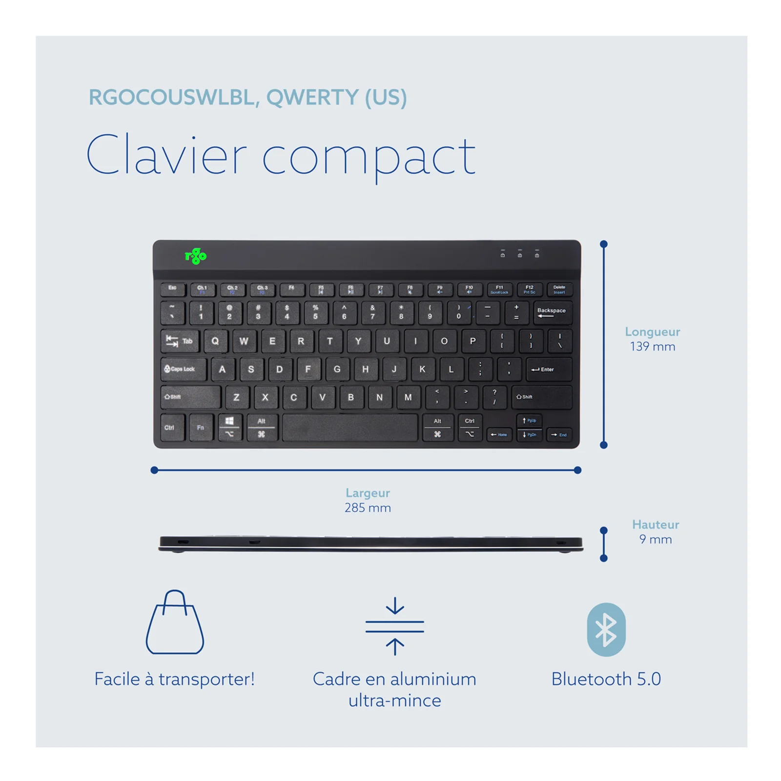 Schéma dimensions du clavier compact noir, informations Bluetooth et transport