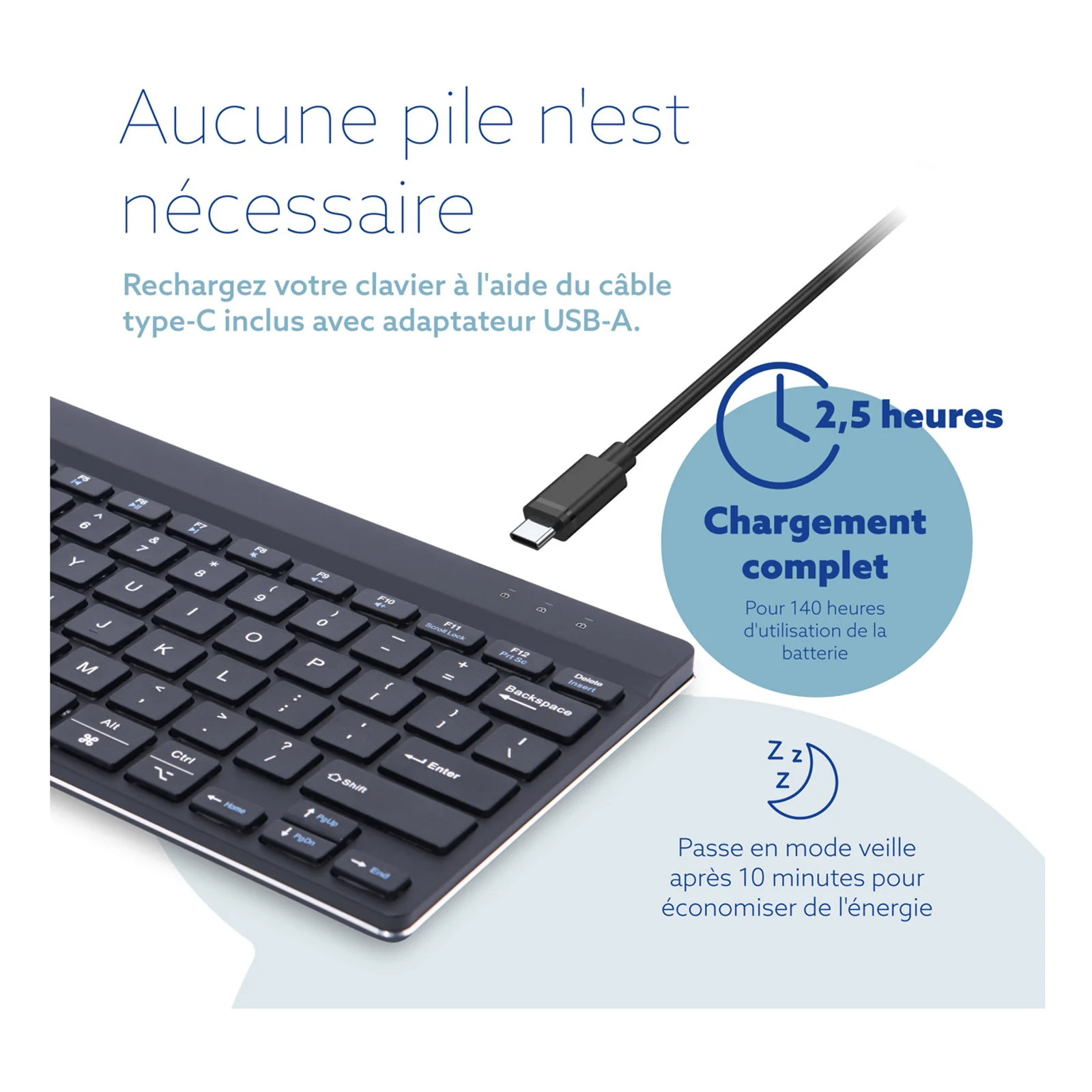 Infographie recharge USB-C, câble USB-C visible, durée de charge et mode veille