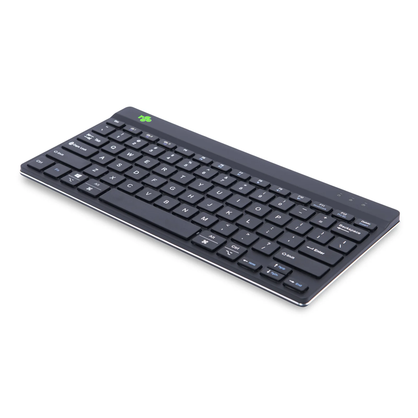 Vue trois quarts, clavier compact noir R-Go, profil plat visible sur fond blanc