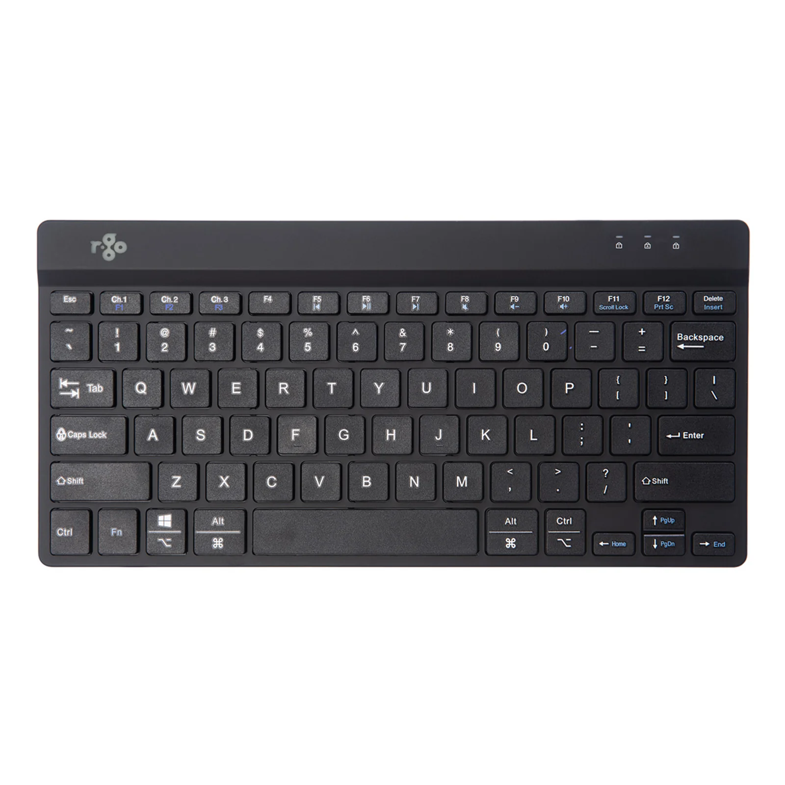 Vue de face, clavier R-Go Compact Break noir sur fond blanc, touches QWERTY US
