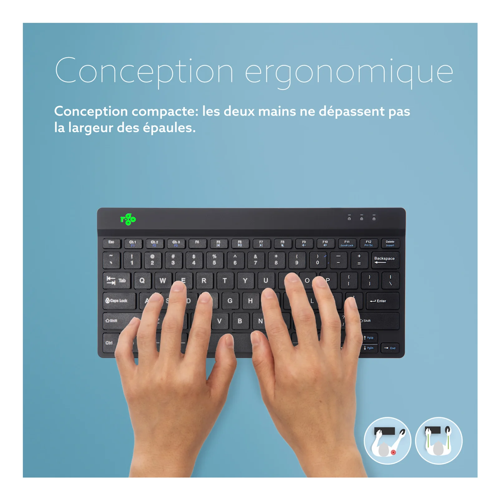 Infographie conception ergonomique, mains sur clavier compact noir, texte en français