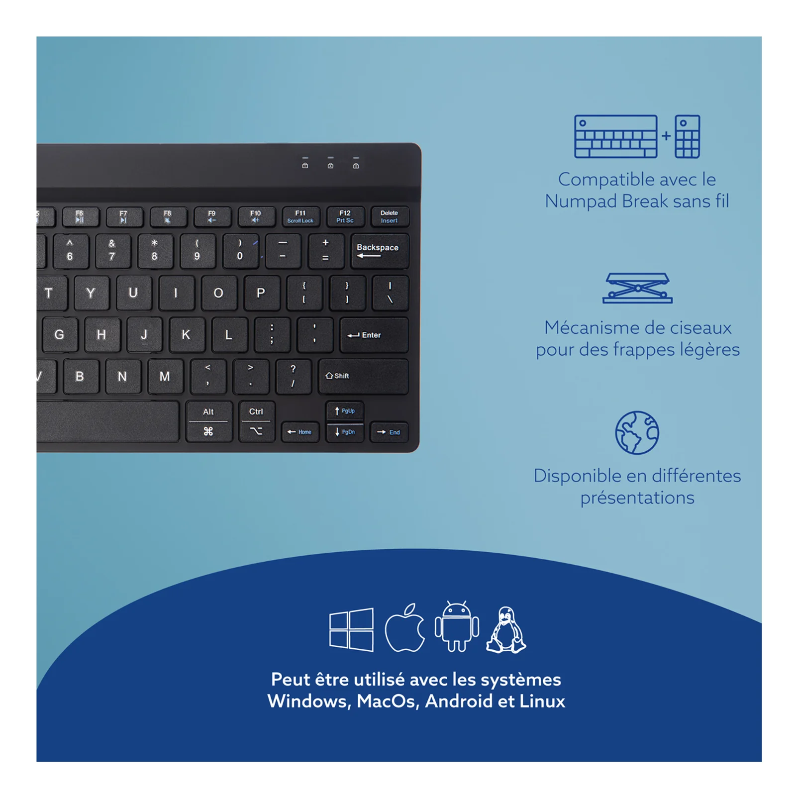 Infographie icônes compatibilité OS et mécanisme de touches, fond blanc, texte en français