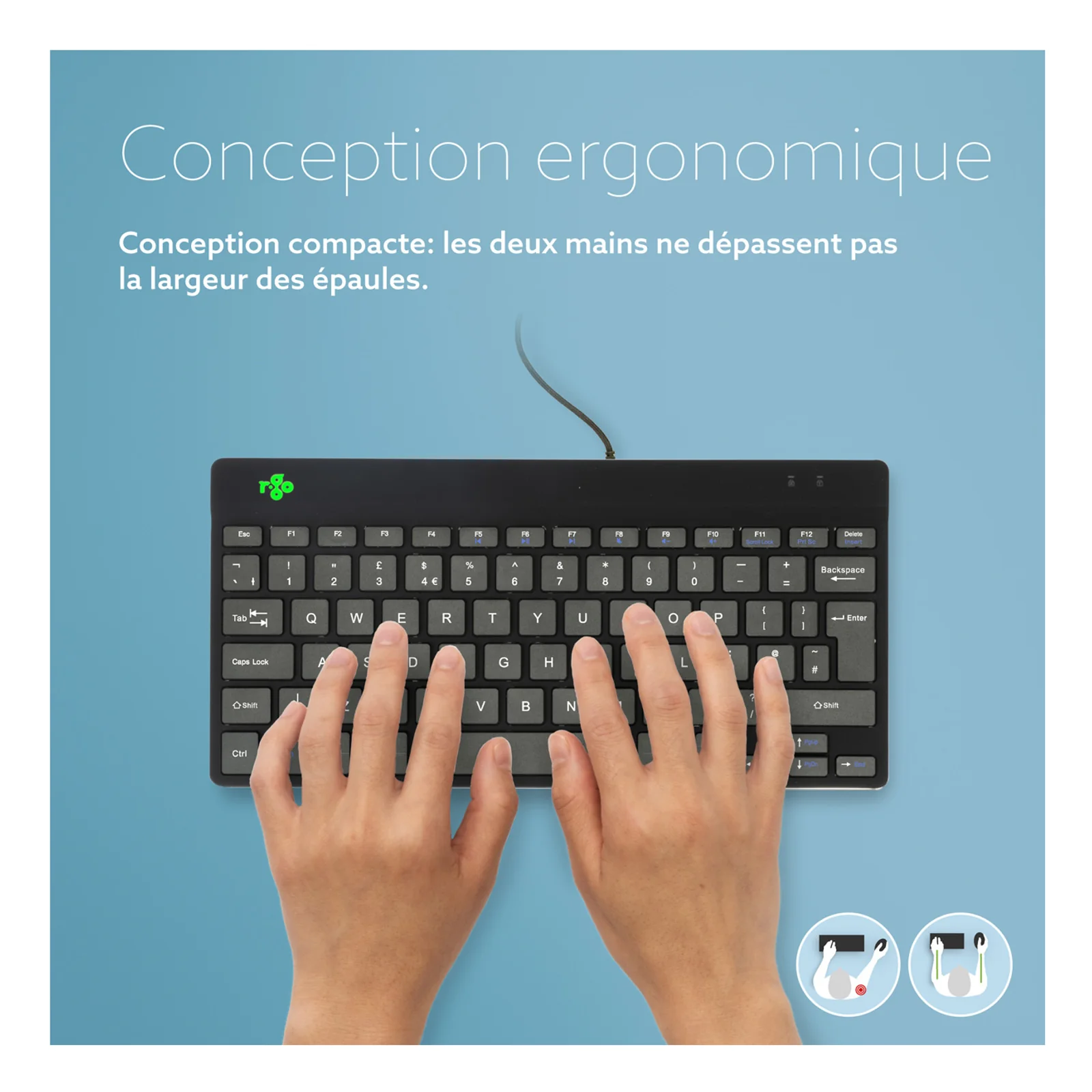 Illustration ergonomique du R-Go Compact Break, mains alignées dans l'axe des épaules