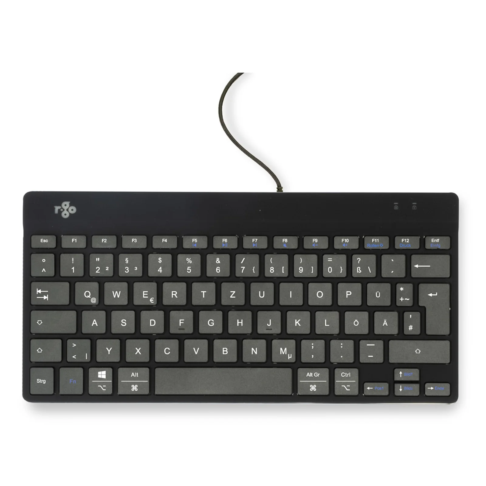 Clavier compact R-Go Compact Break noir, vue frontale sur fond gris clair