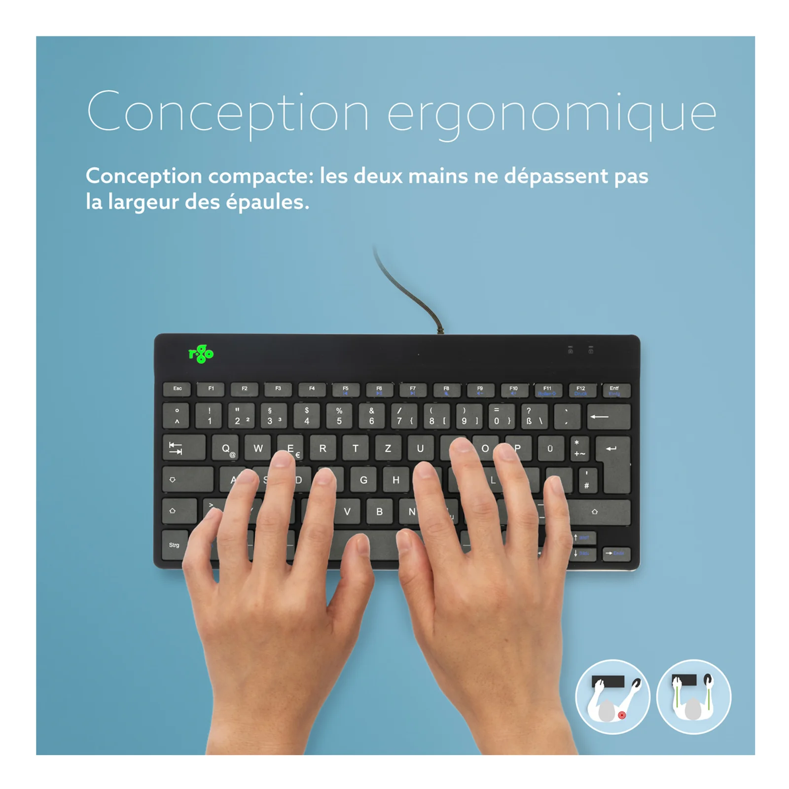 Infographie ergonomique, deux mains sur le clavier compact, texte conception ergonomique