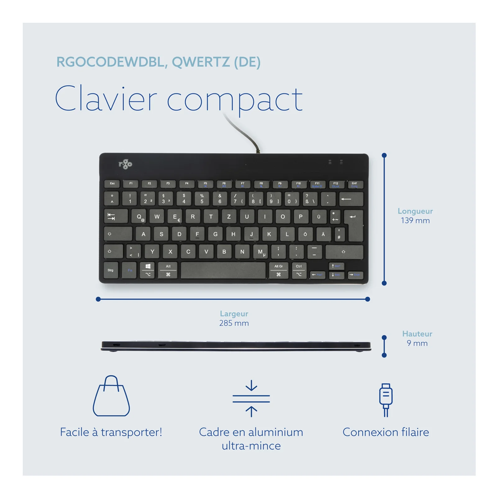 Fiche technique clavier RGOCODEWDBL, schéma dimensions et câble USB Type-C
