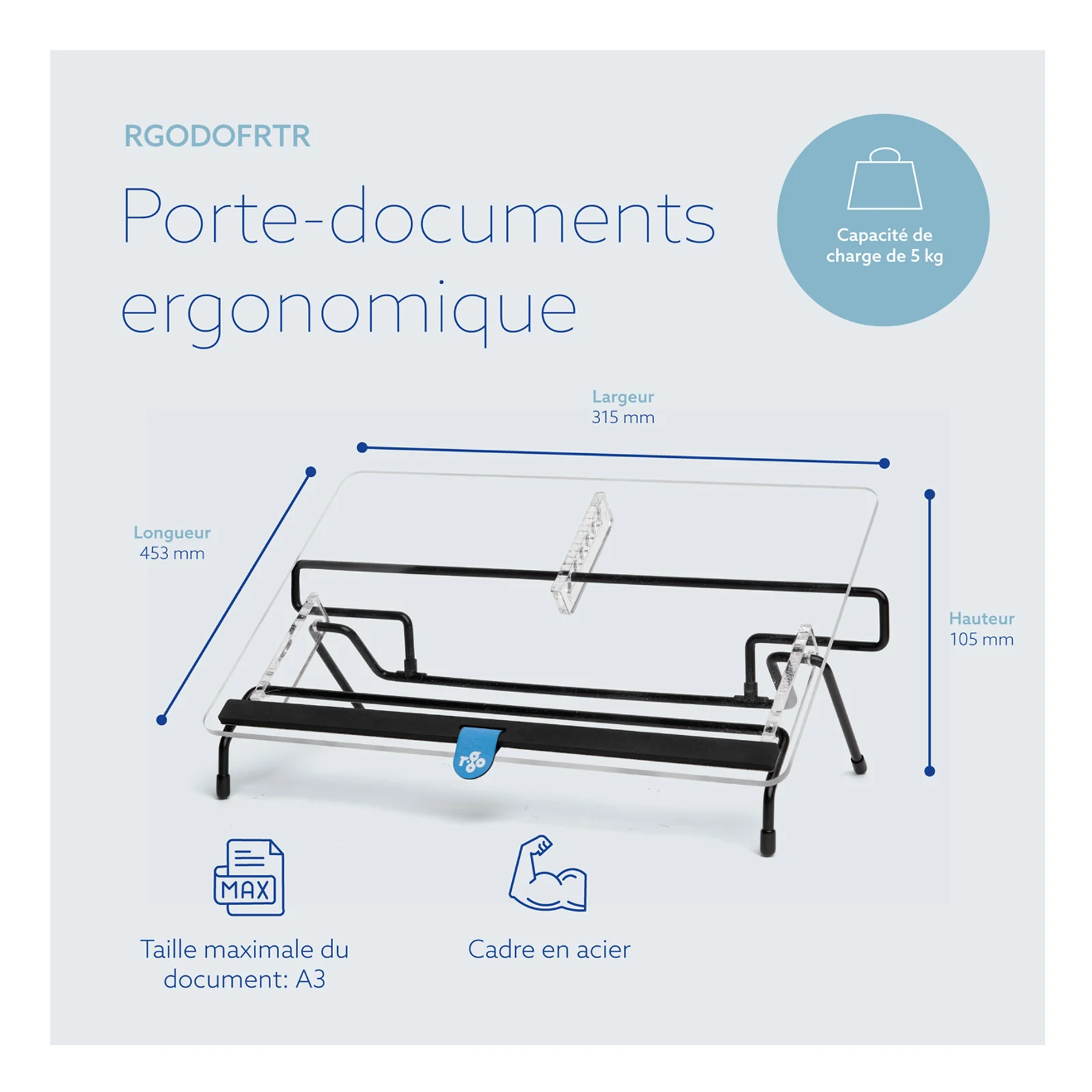 Fiche produit R-Go Flex Read avec gabarit de dimensions et présentation format A3