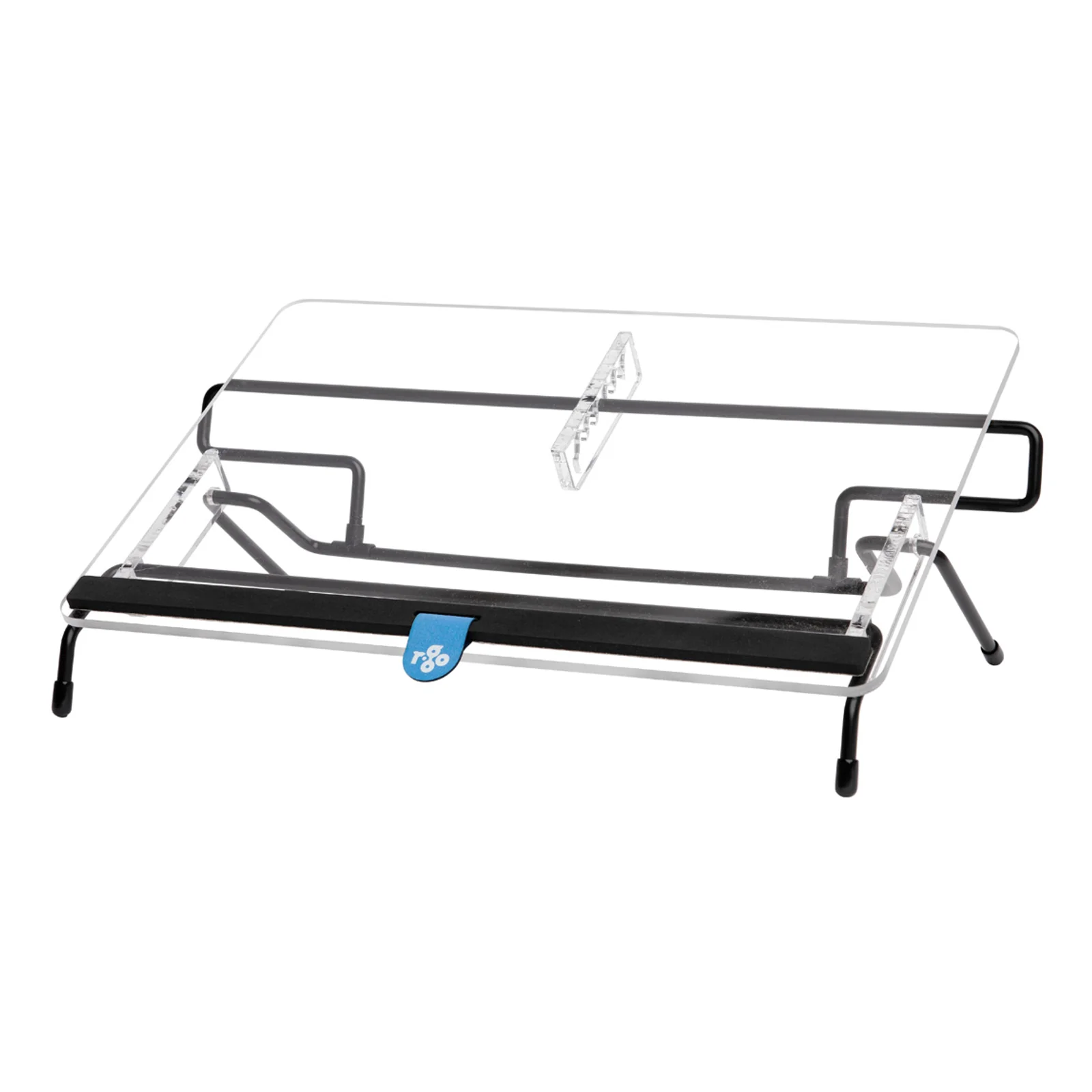 R-Go Flex Read, vue 3/4 avant-droit, fond gris clair, cadre acier noir, plateau acrylique transparent