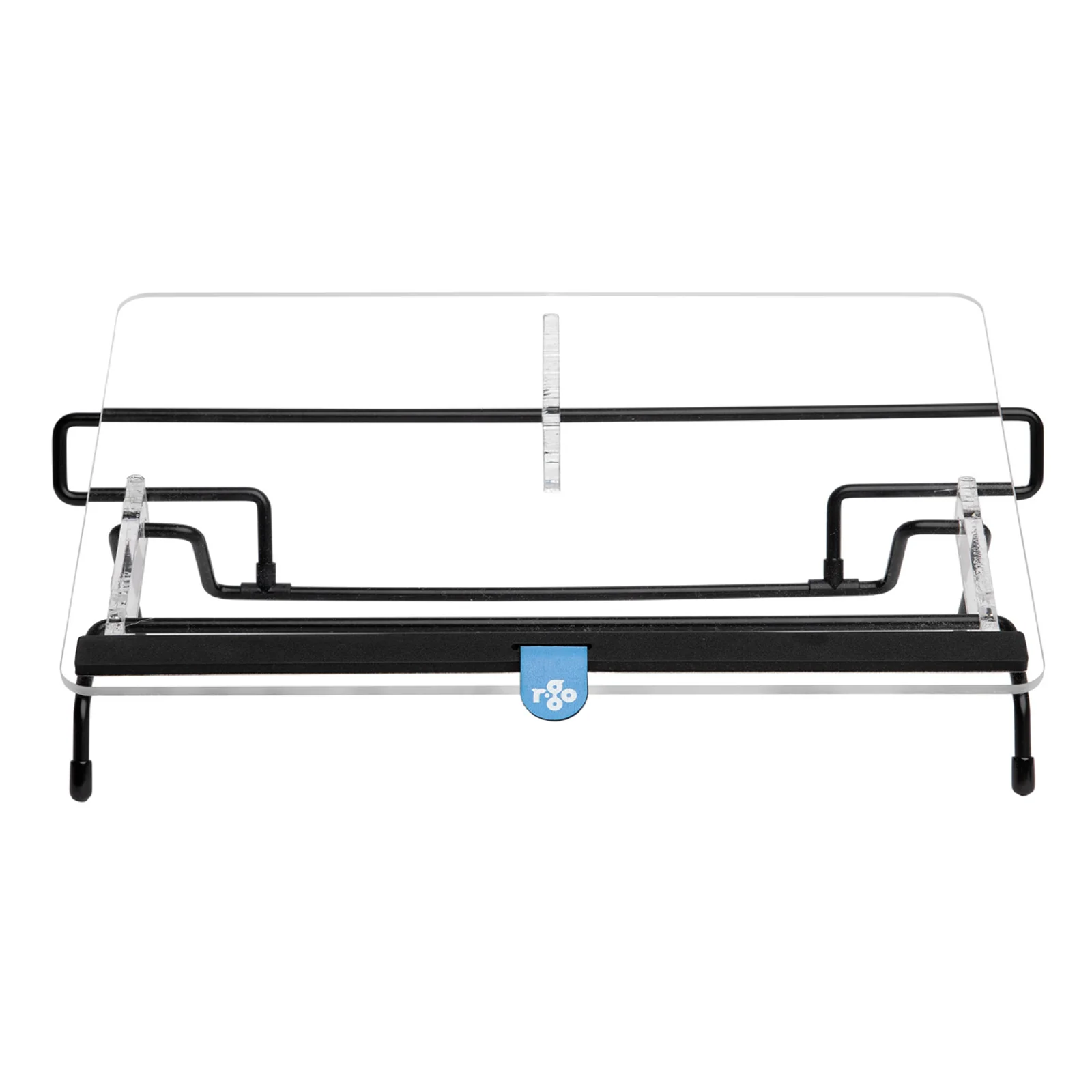 R-Go Flex Read, vue de face, fond blanc, cadre acier noir et plateau acrylique transparent