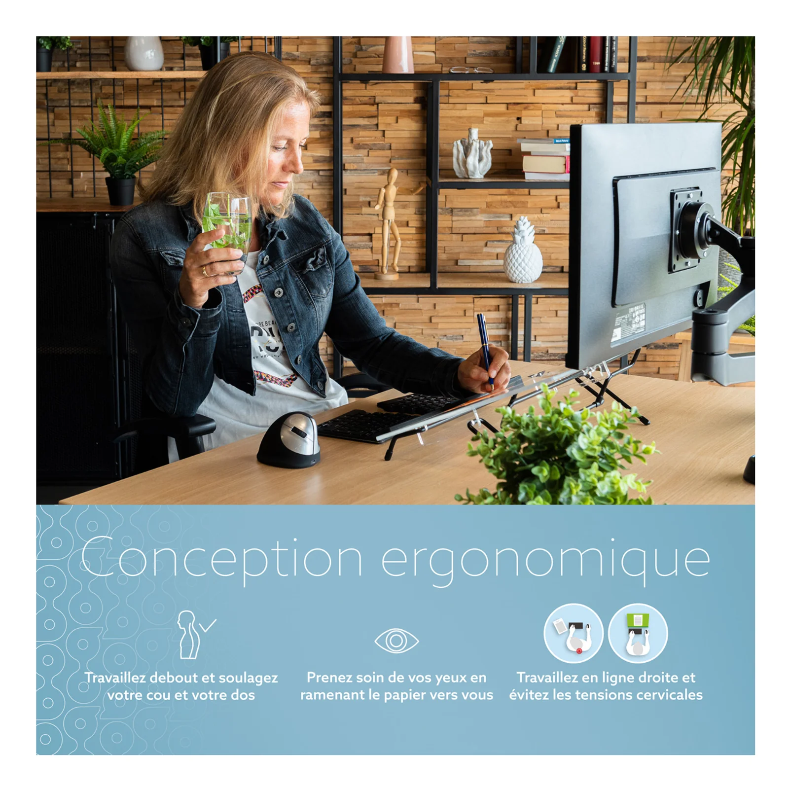 Infographie R-Go Flex Read conception ergonomique, avec icônes et photo lifestyle femme au bureau