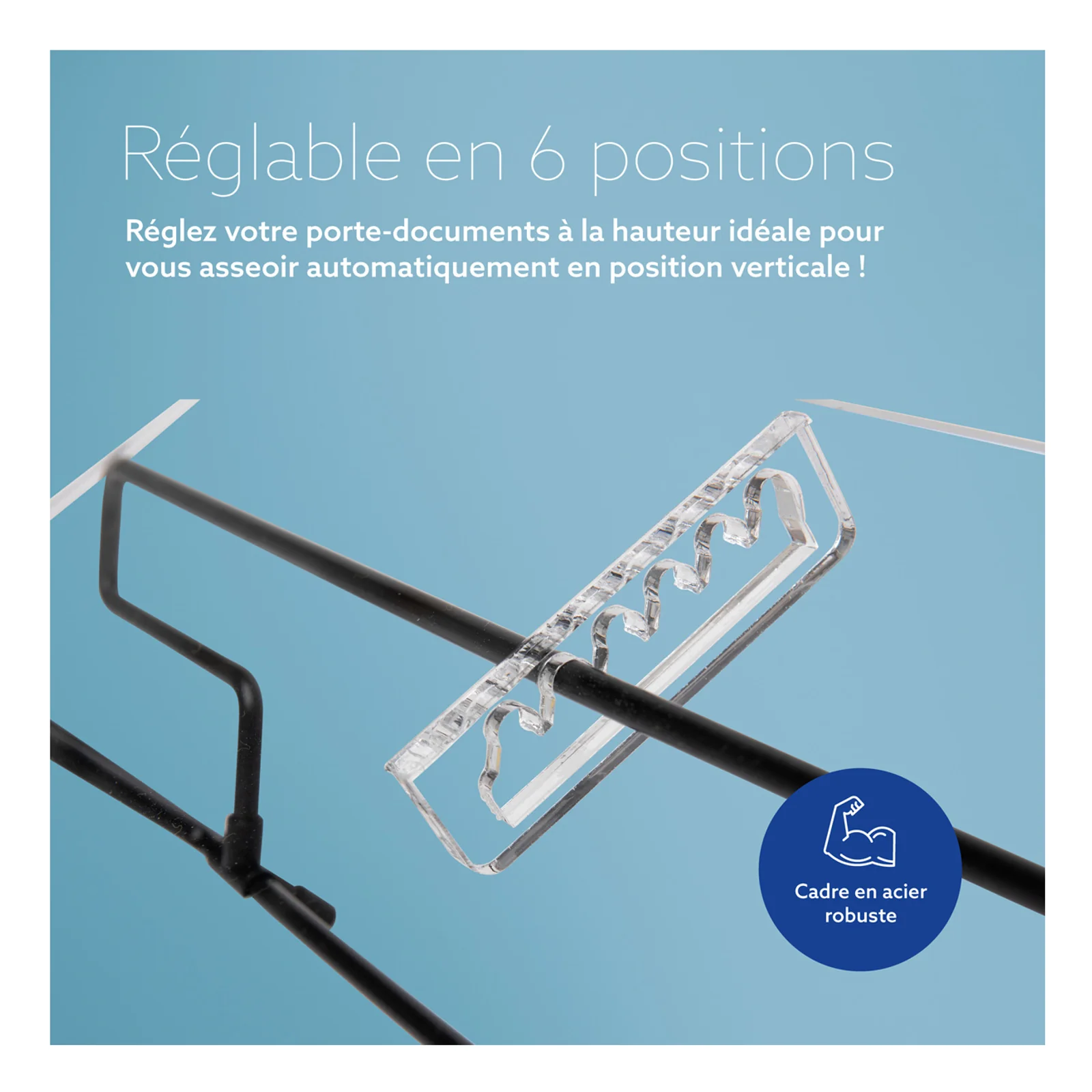 Détail du mécanisme de réglage en 6 positions du R-Go Flex Read, bouton bleu visible