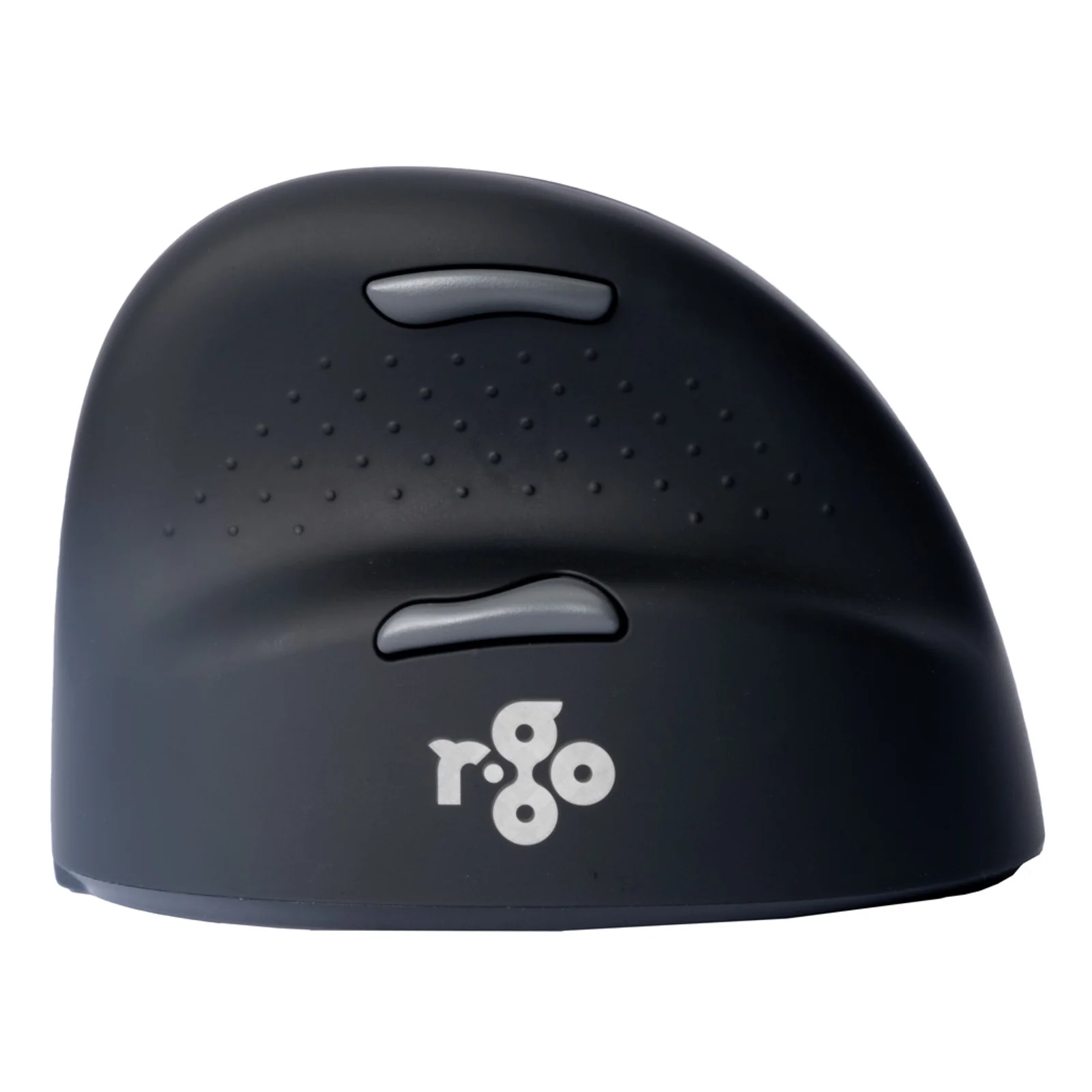 Souris R-Go HE Break vue du dessus, coque noire, logo R-Go Tools et deux boutons gris