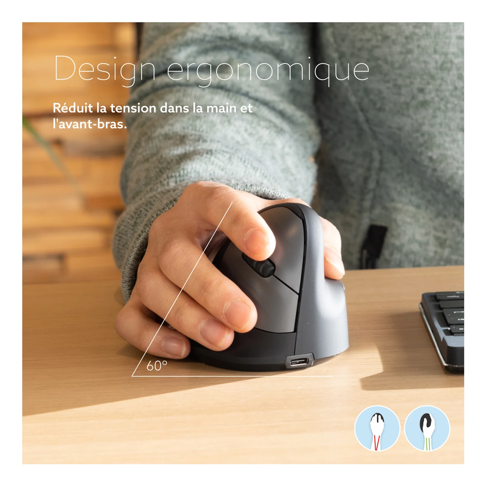 Visuel R-Go HE Break avec texte design ergonomique et schéma de posture poignet avant-bras
