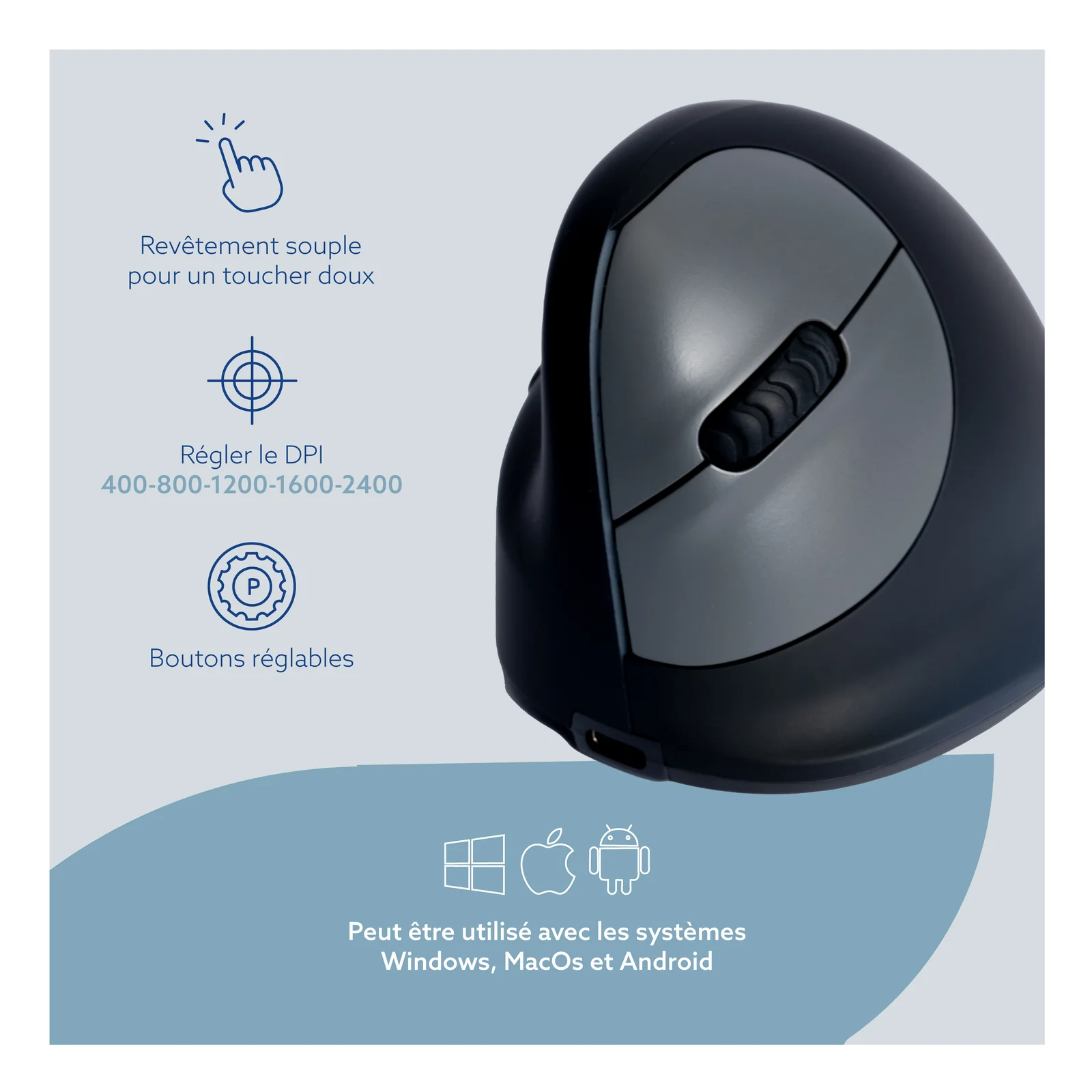 Infographie DPI 800 à 2400, molette, 5 boutons, compatibilité Windows macOS Android