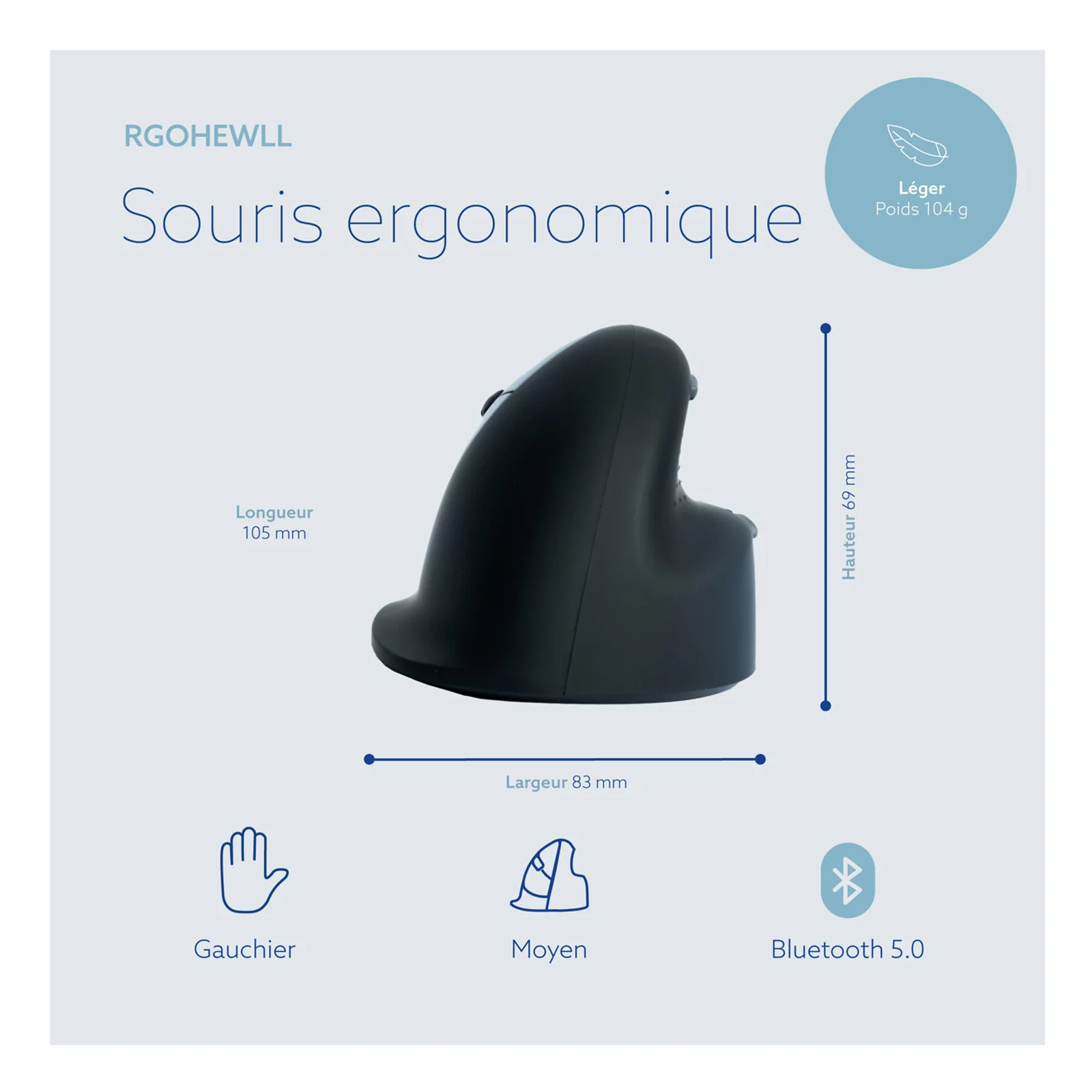 Diagramme français souris ergonomique gauchers taille moyen, dimensions et Bluetooth 5.0