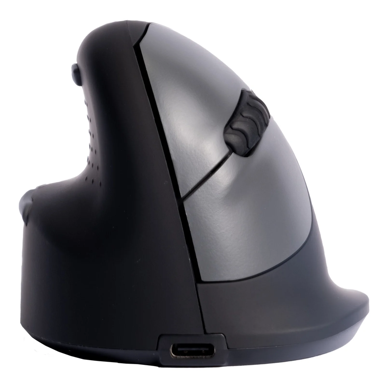 Vue latérale gauche de la souris, port de recharge visible en bas du socle
