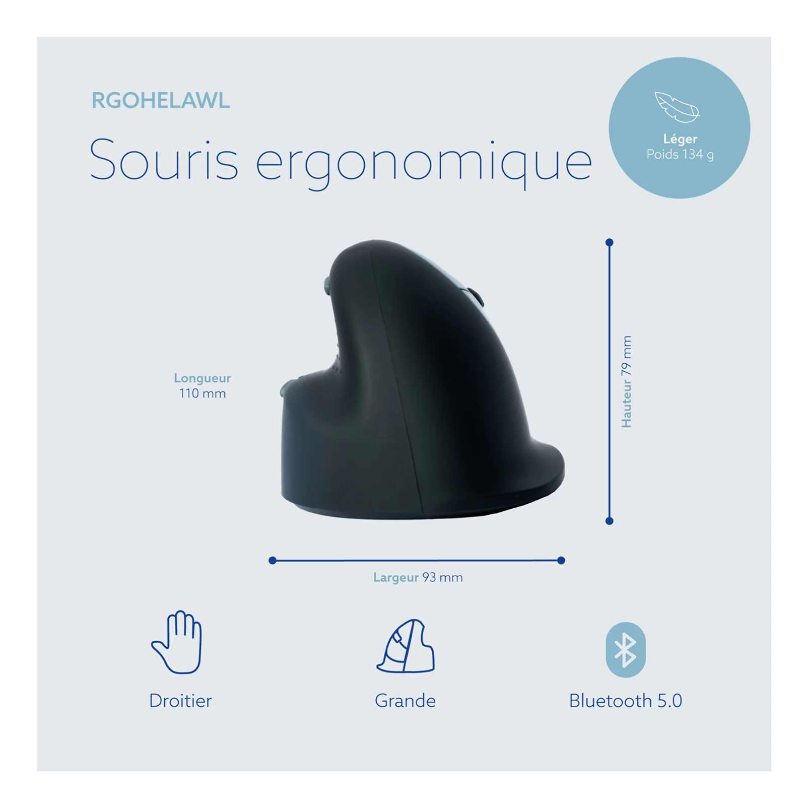 Schéma dimensions RGOHELAWL avec vues profil et dessus cotées, labels Droitier Grande Bluetooth 5.0