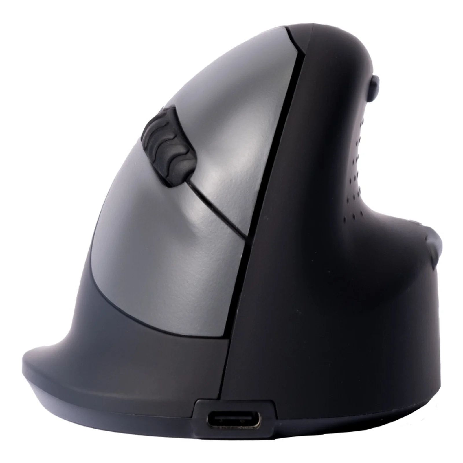 Souris R-Go HE Break vue de profil droit, corps noir et gris, port de charge visible en base