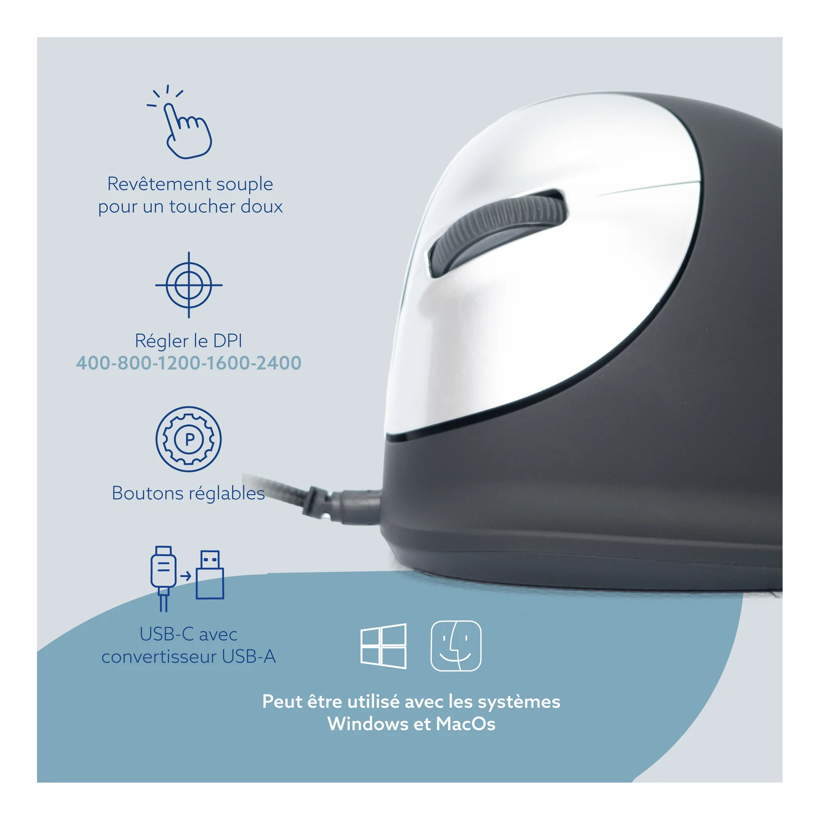 Visuel technique montrant connecteur USB, réglages DPI 800 à 2400 et icônes compatibilité Windows et Mac