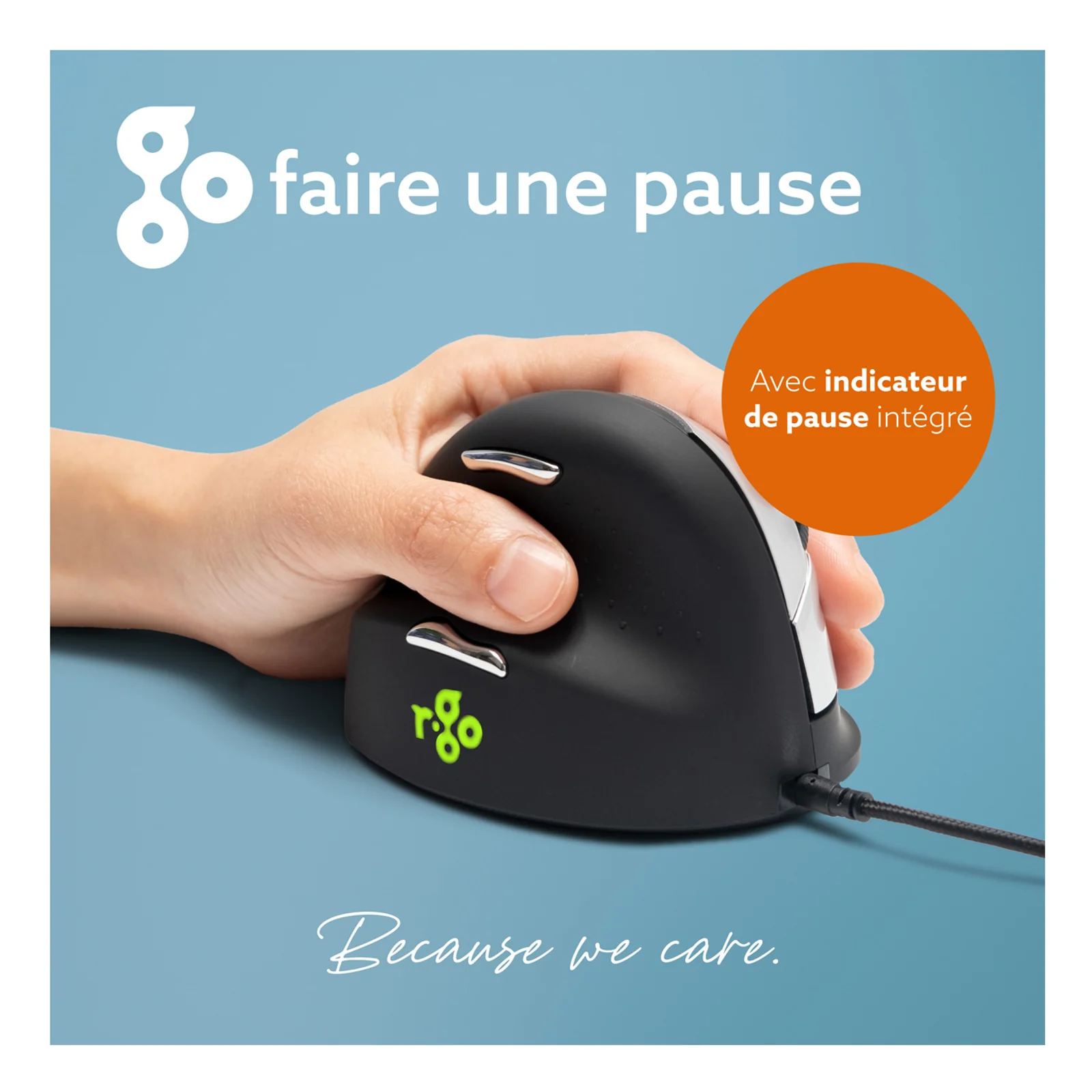 Visuel promotionnel faire une pause avec logo R-Go, main serrant la souris verticale noire