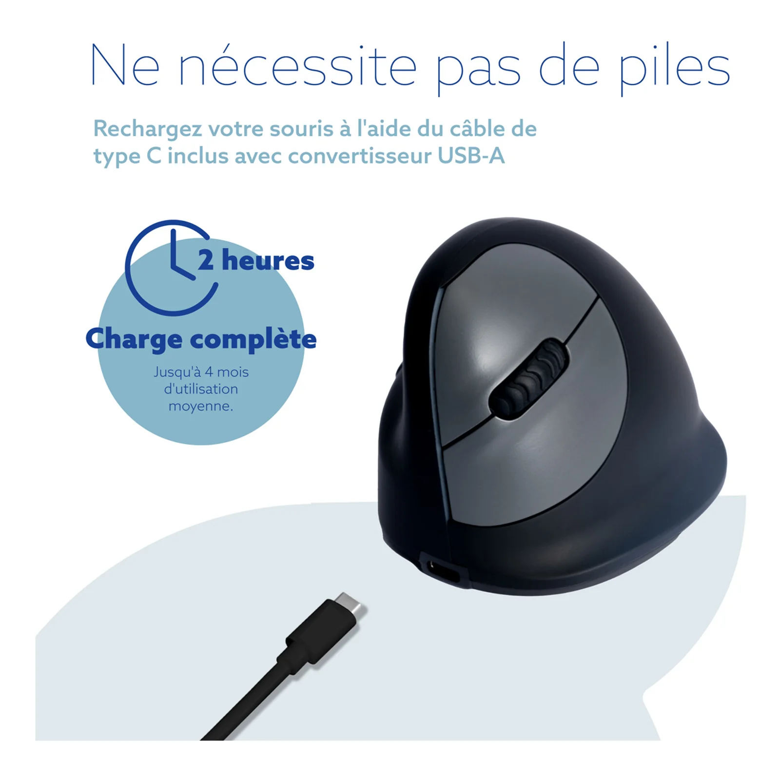 Schéma recharge USB-C souris R-Go HE Break, charge complète en 2 heures