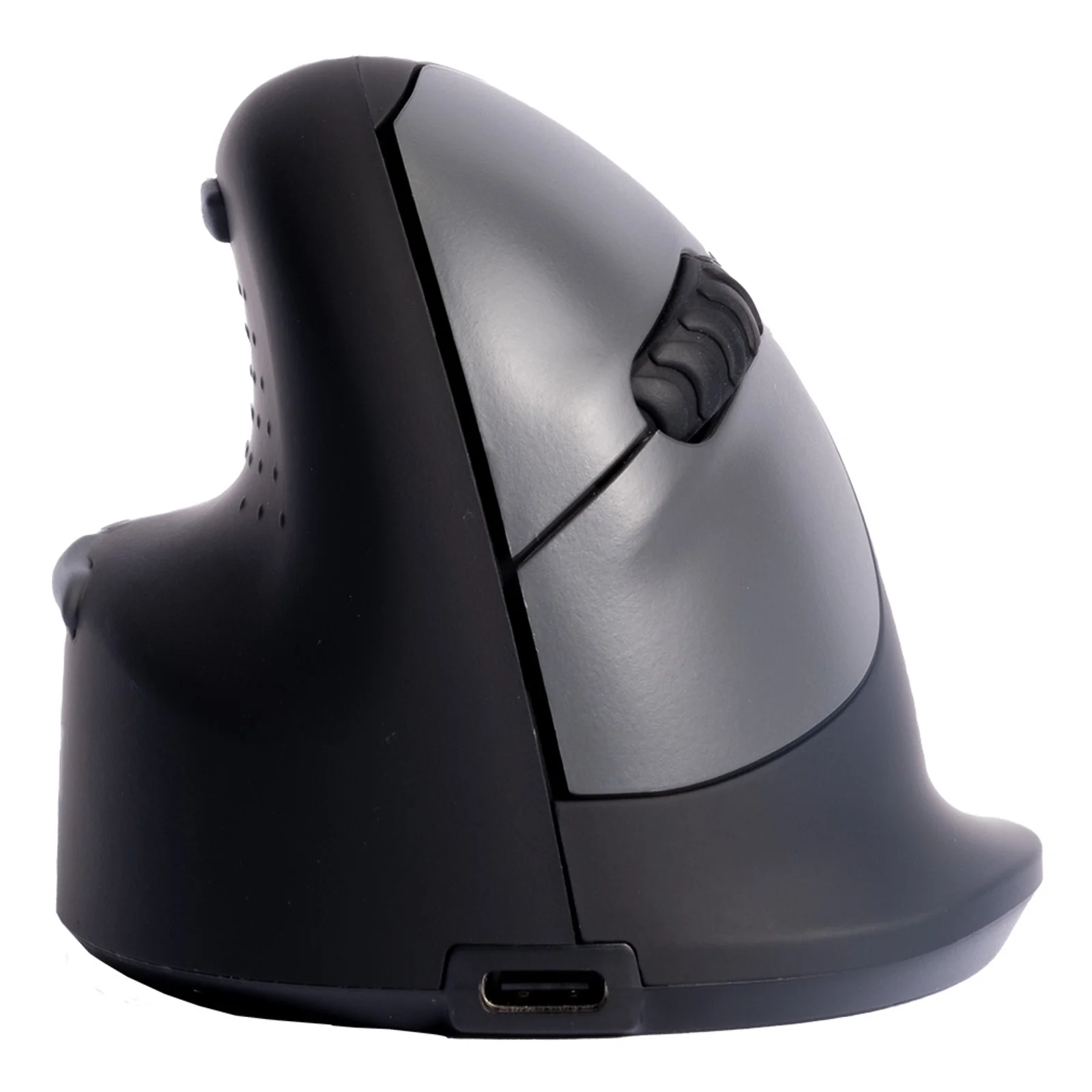 Profil gauche de la souris verticale R-Go HE Break noire, port USB-C visible en bas