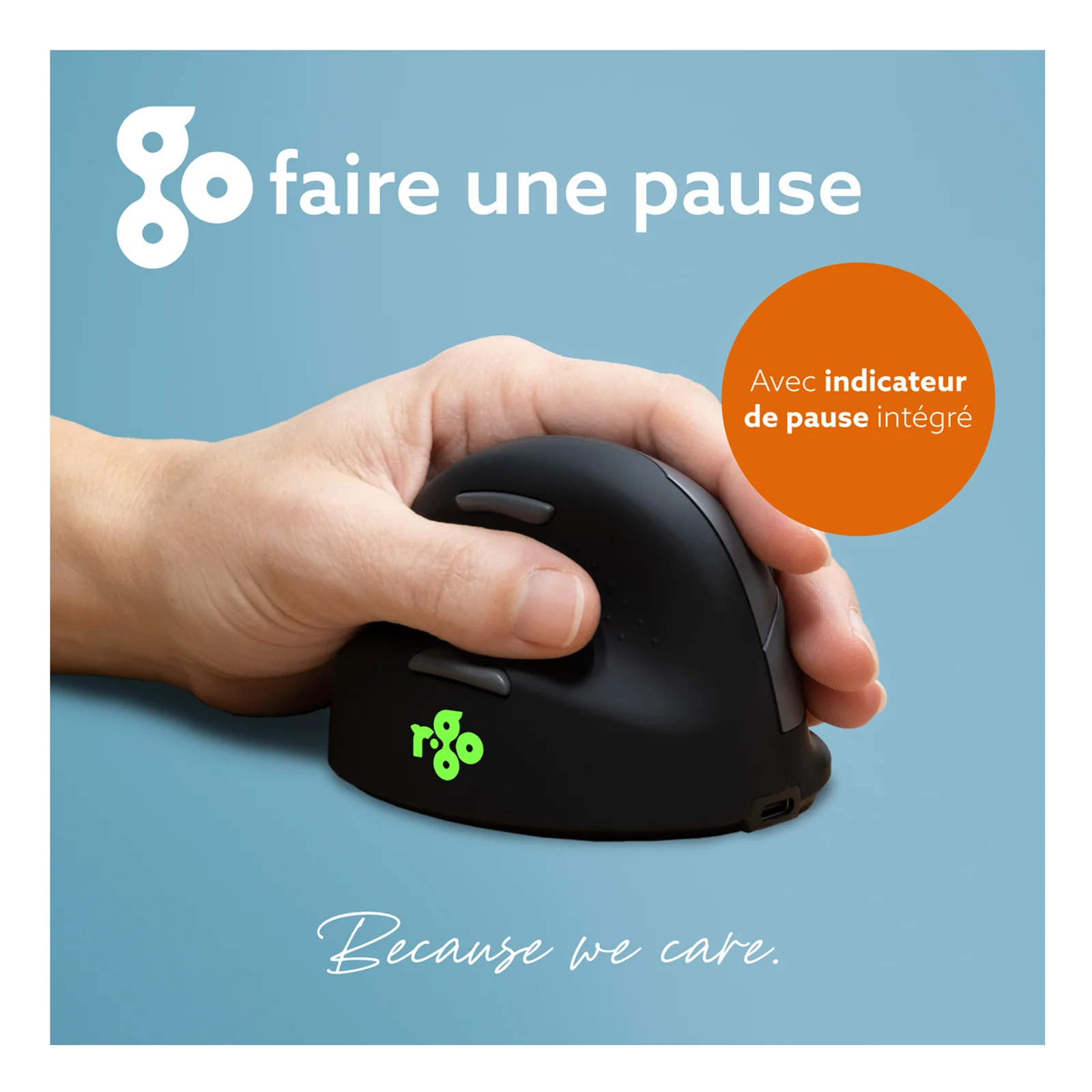 Visuel marketing indicateur de pause R-Go Break, main tenant la souris noire